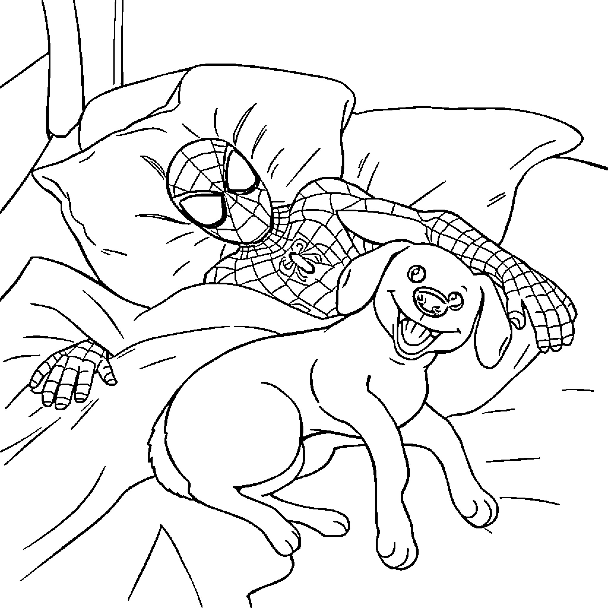 Spiderman rescuing a happy puppy Coloring Page (free black-and-white line drawing printable PDF for all, from beginners to advanced learners, including children, teens, adults, and seniors)