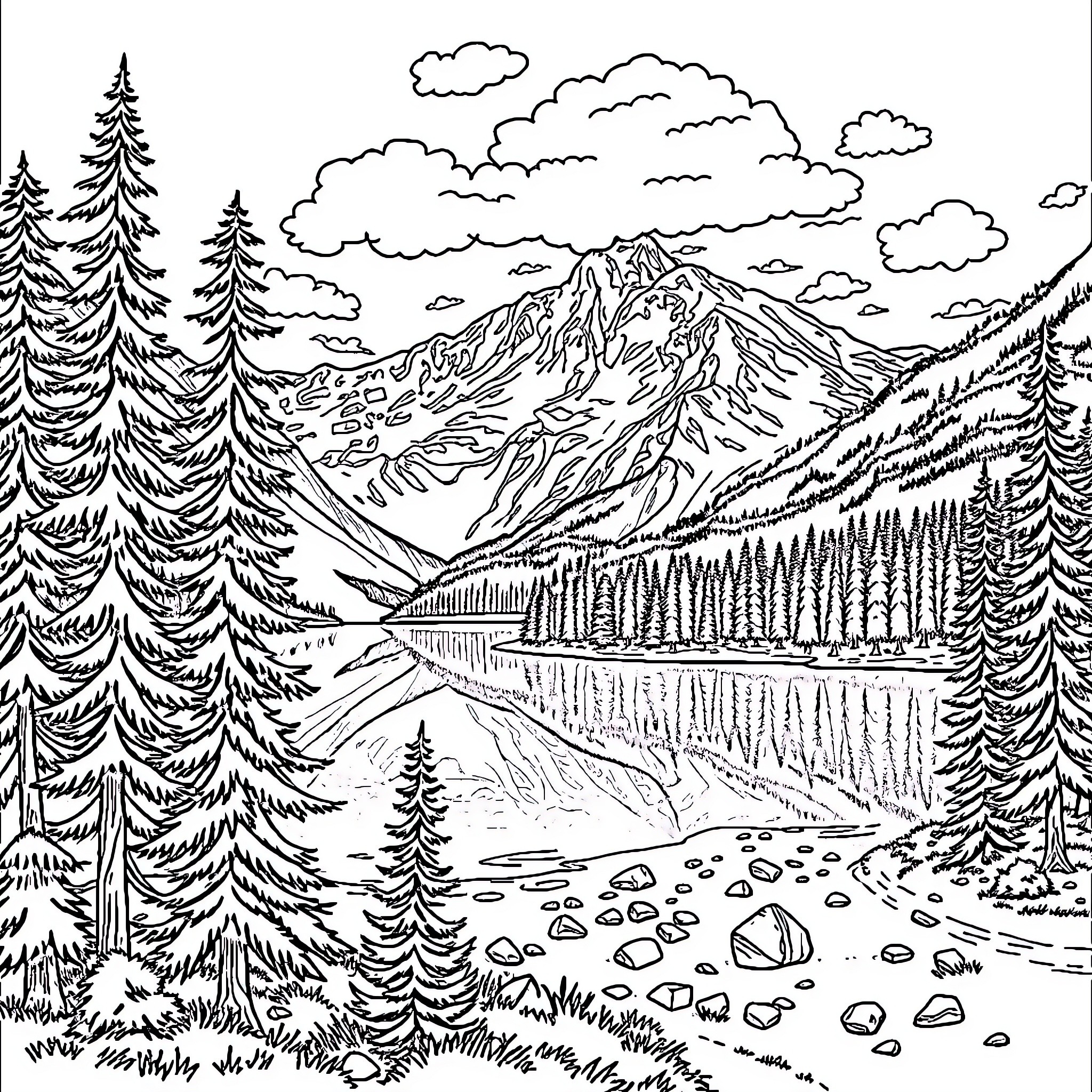 Nature's Majestic Mountain Scenery Coloring Page (free black-and-white line drawing printable PDF for all, from beginners to advanced learners, including children, teens, adults, and seniors)
