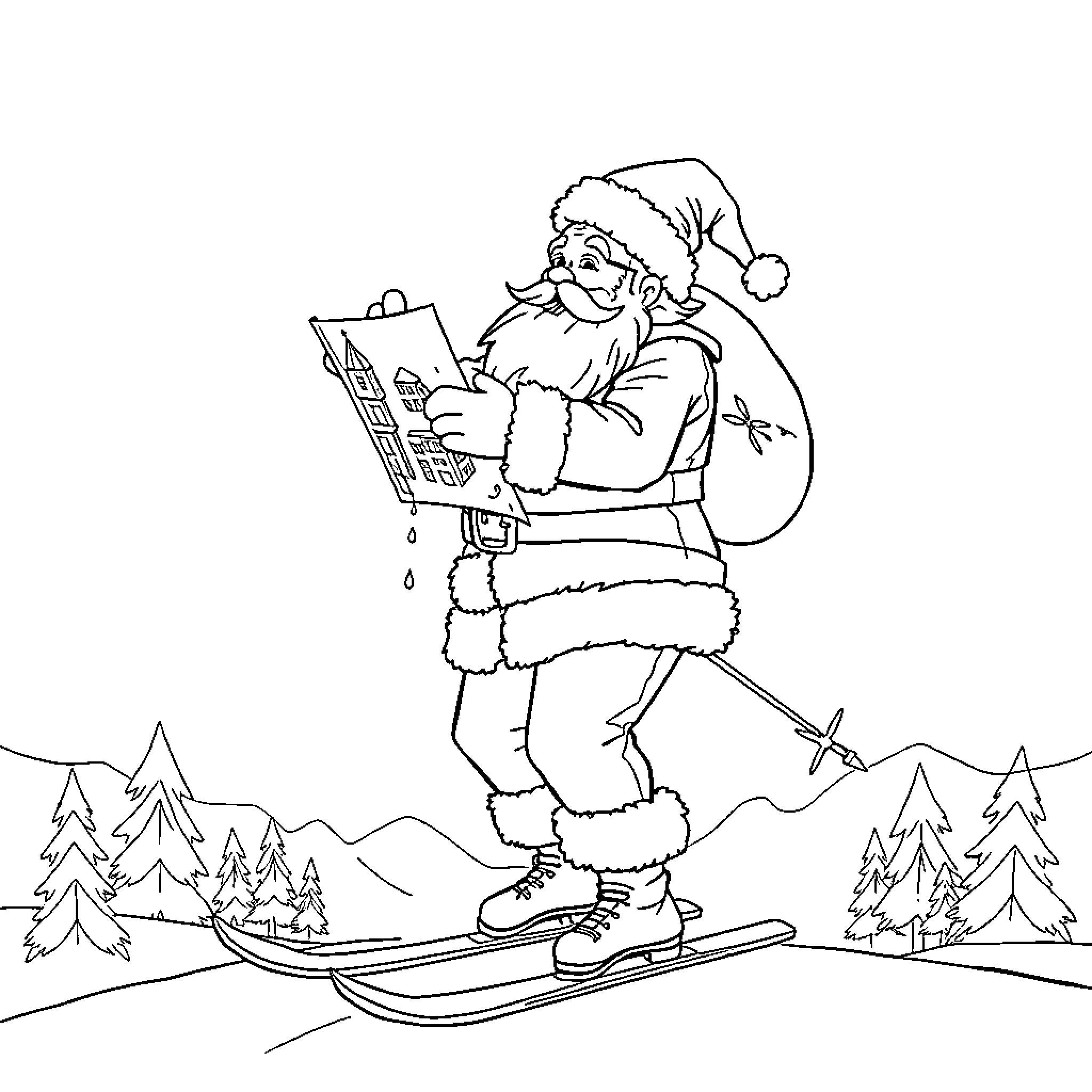 Santa Claus sledding and reading in the winter wonderland Coloring Page (free black-and-white line drawing printable PDF for all, from beginners to advanced learners, including children, teens, adults, and seniors)