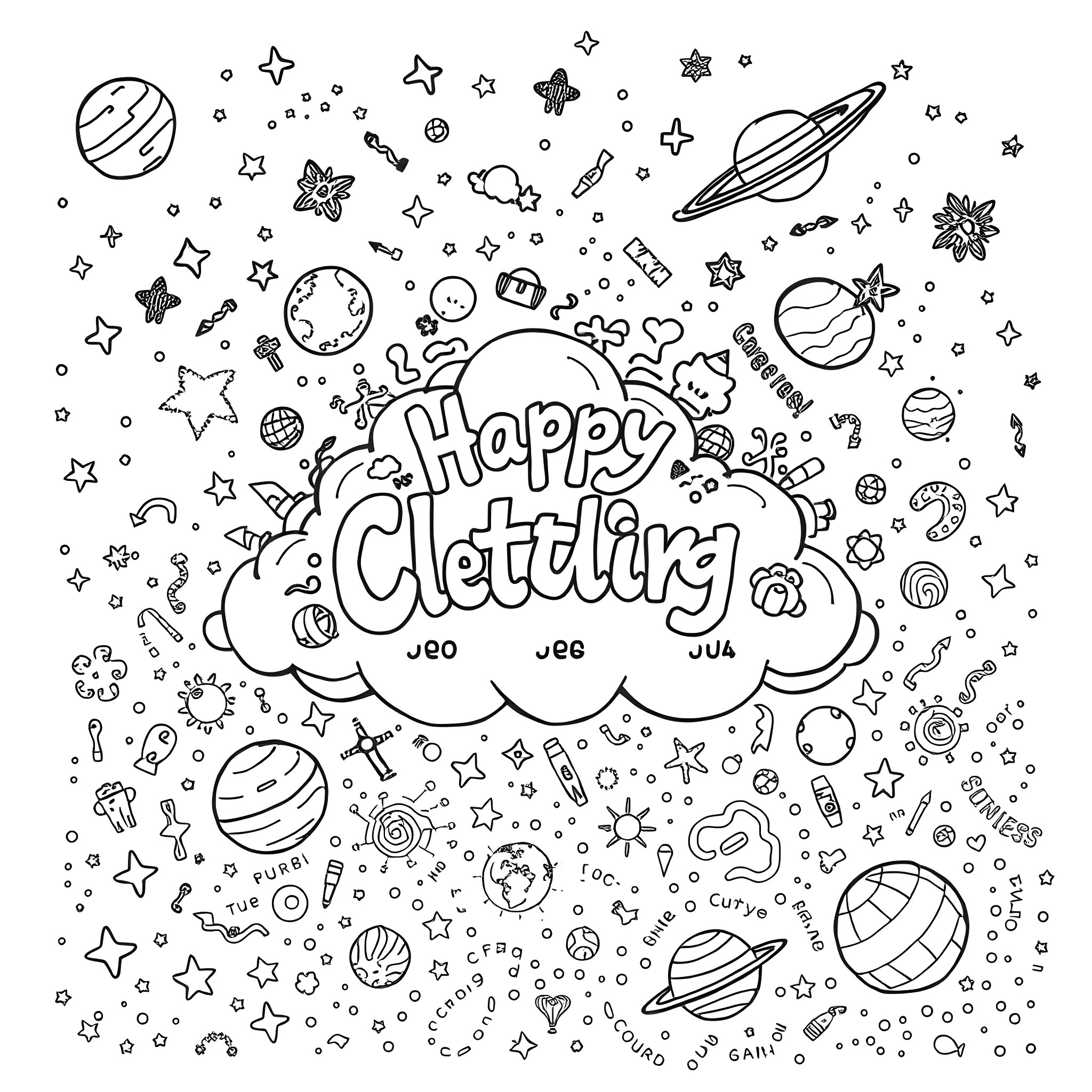 Cloud of happy doodles in the starry night Coloring Page (free black-and-white line drawing printable PDF for all, from beginners to advanced learners, including children, teens, adults, and seniors)