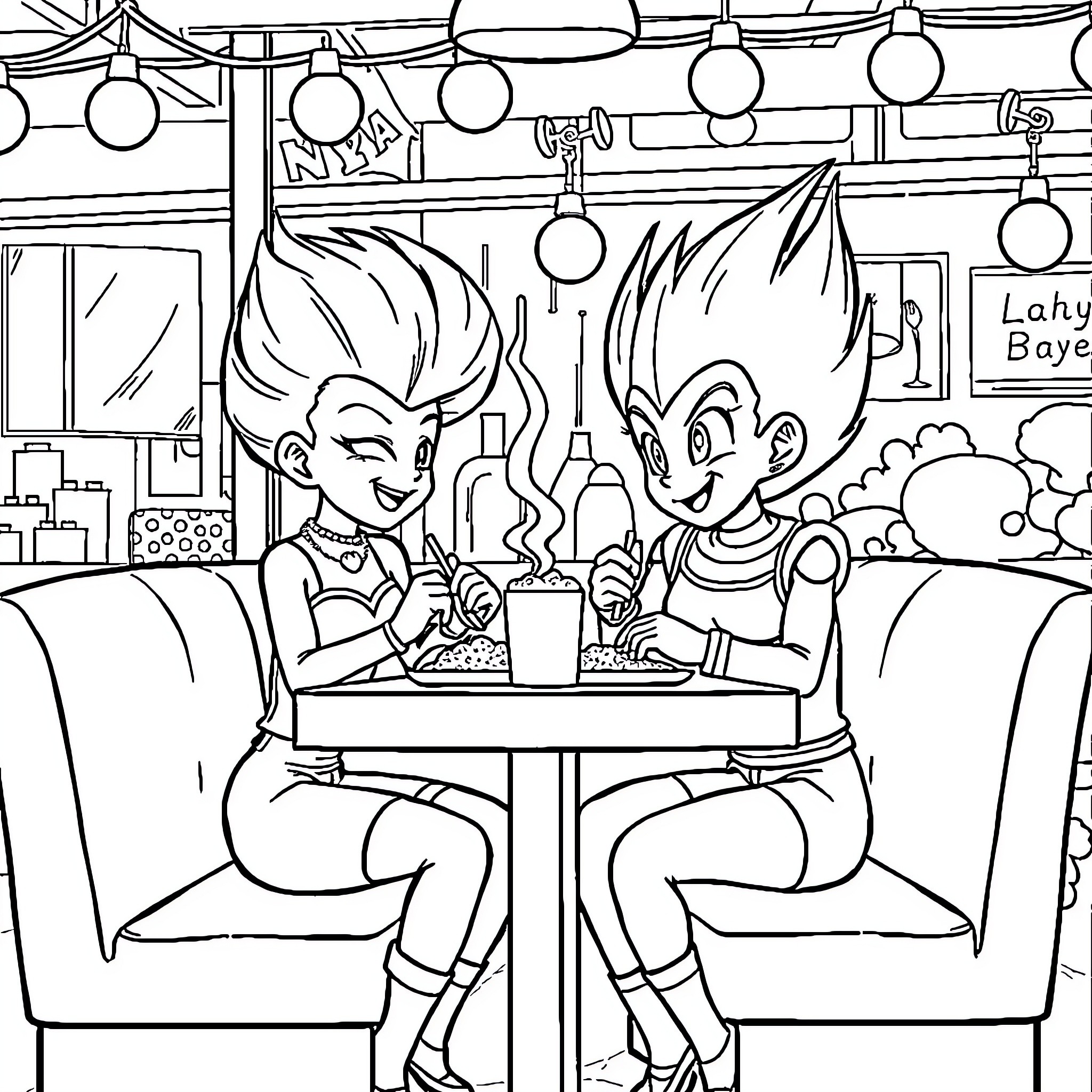 Bulma and Vegeta enjoying a cafe outing Coloring Page (free black-and-white line drawing printable PDF for all, from beginners to advanced learners, including children, teens, adults, and seniors)