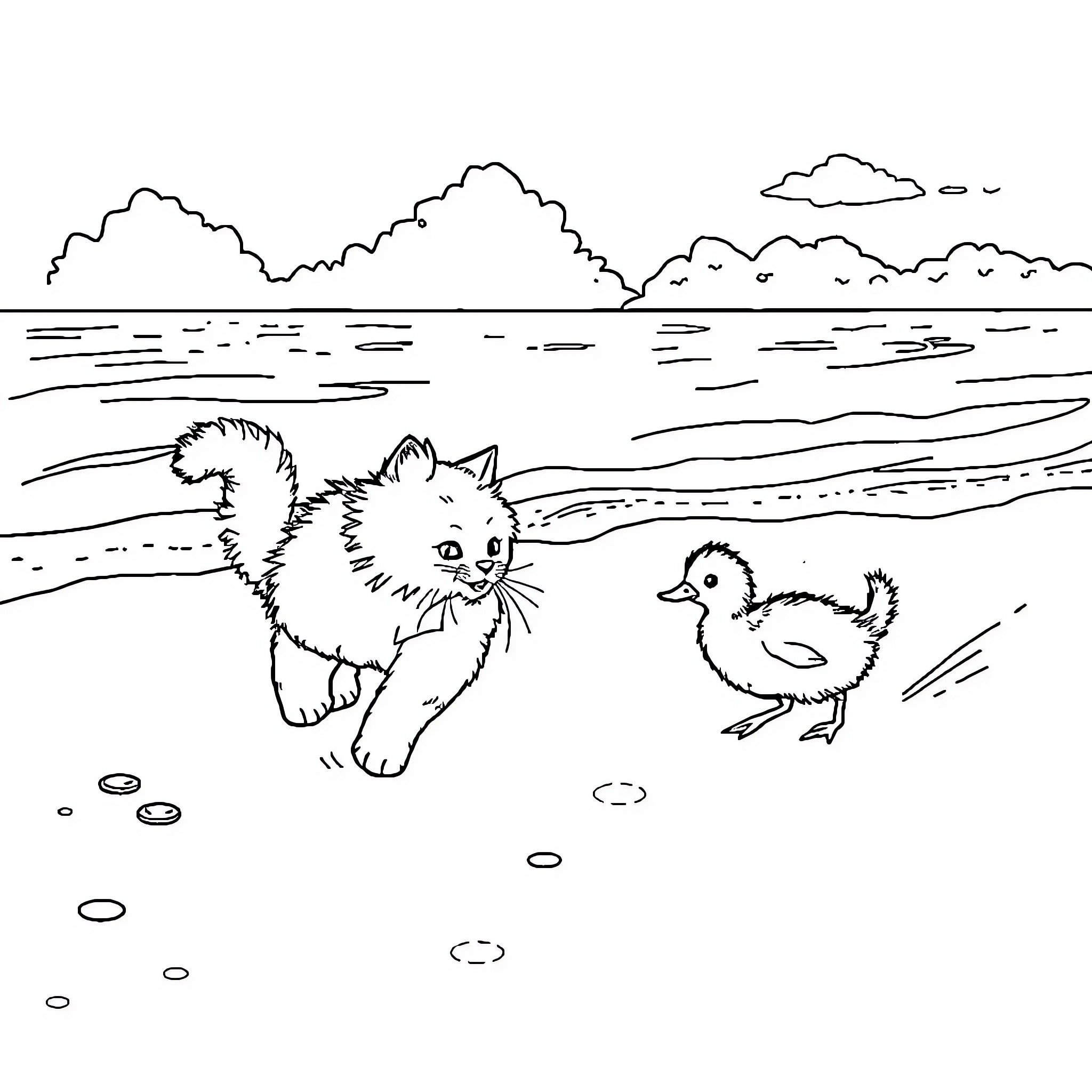 Cat chasing duckling on the beach Coloring Page (free black-and-white line drawing printable PDF for all, from beginners to advanced learners, including children, teens, adults, and seniors)