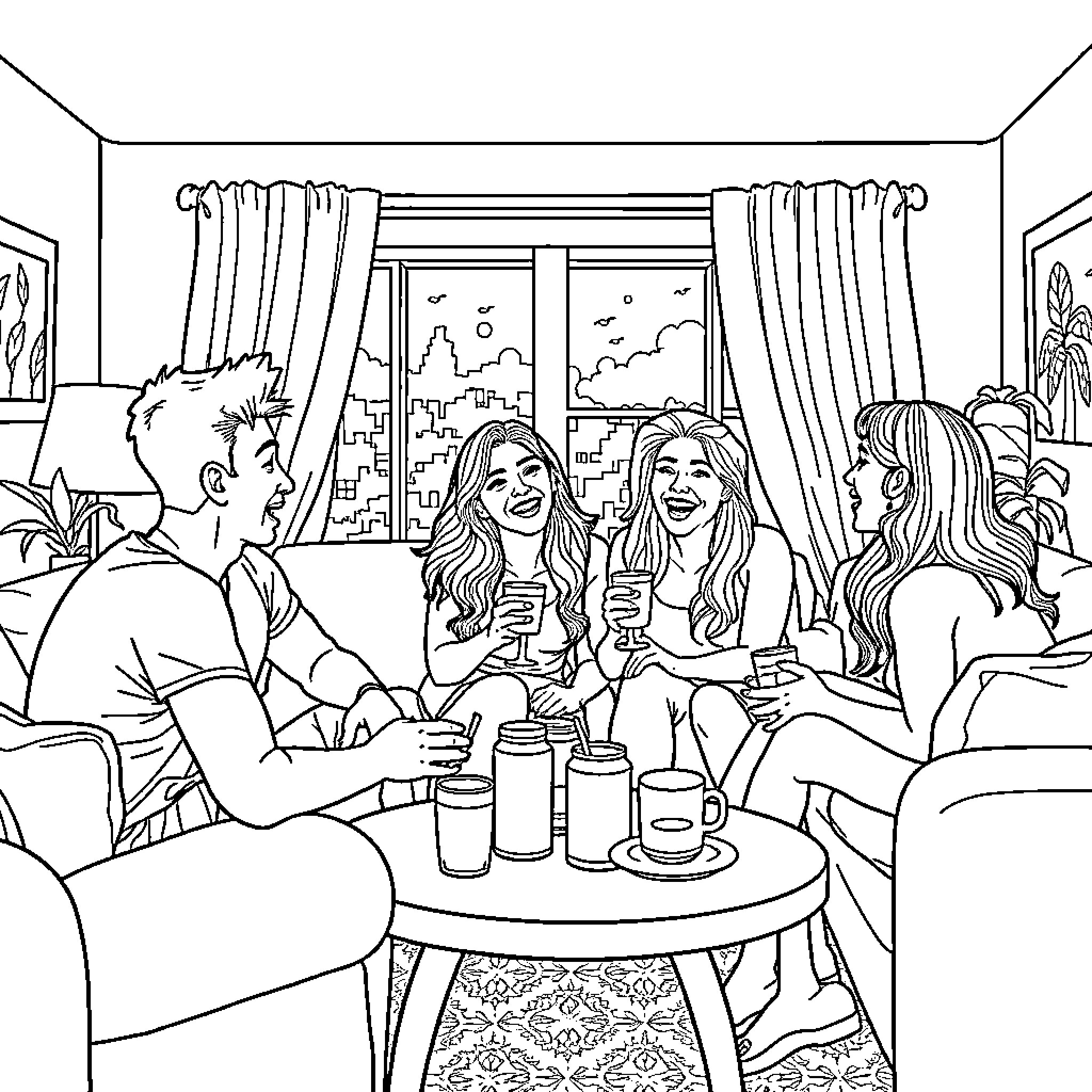 Polyamory: Friends Enjoying Conversation and Drinks Coloring Page (free black-and-white line drawing printable PDF for all, from beginners to advanced learners, including children, teens, adults, and seniors)