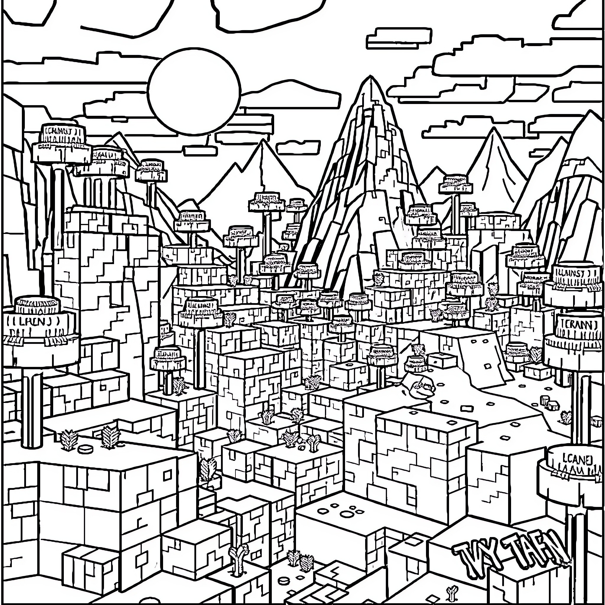 Minecraft city with towering structures and mountain peaks Coloring Page (free black-and-white line drawing printable PDF for all, from beginners to advanced learners, including children, teens, adults, and seniors)