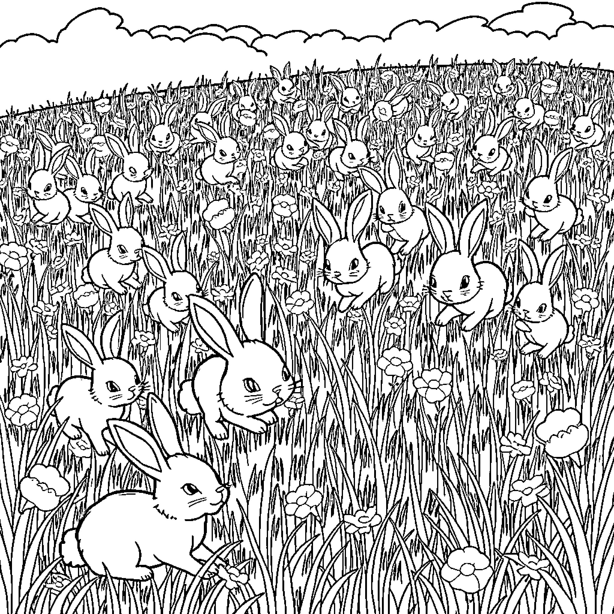 Bunny Bunnies Frolicking in the Meadow Coloring Page (free black-and-white line drawing printable PDF for all, from beginners to advanced learners, including children, teens, adults, and seniors)
