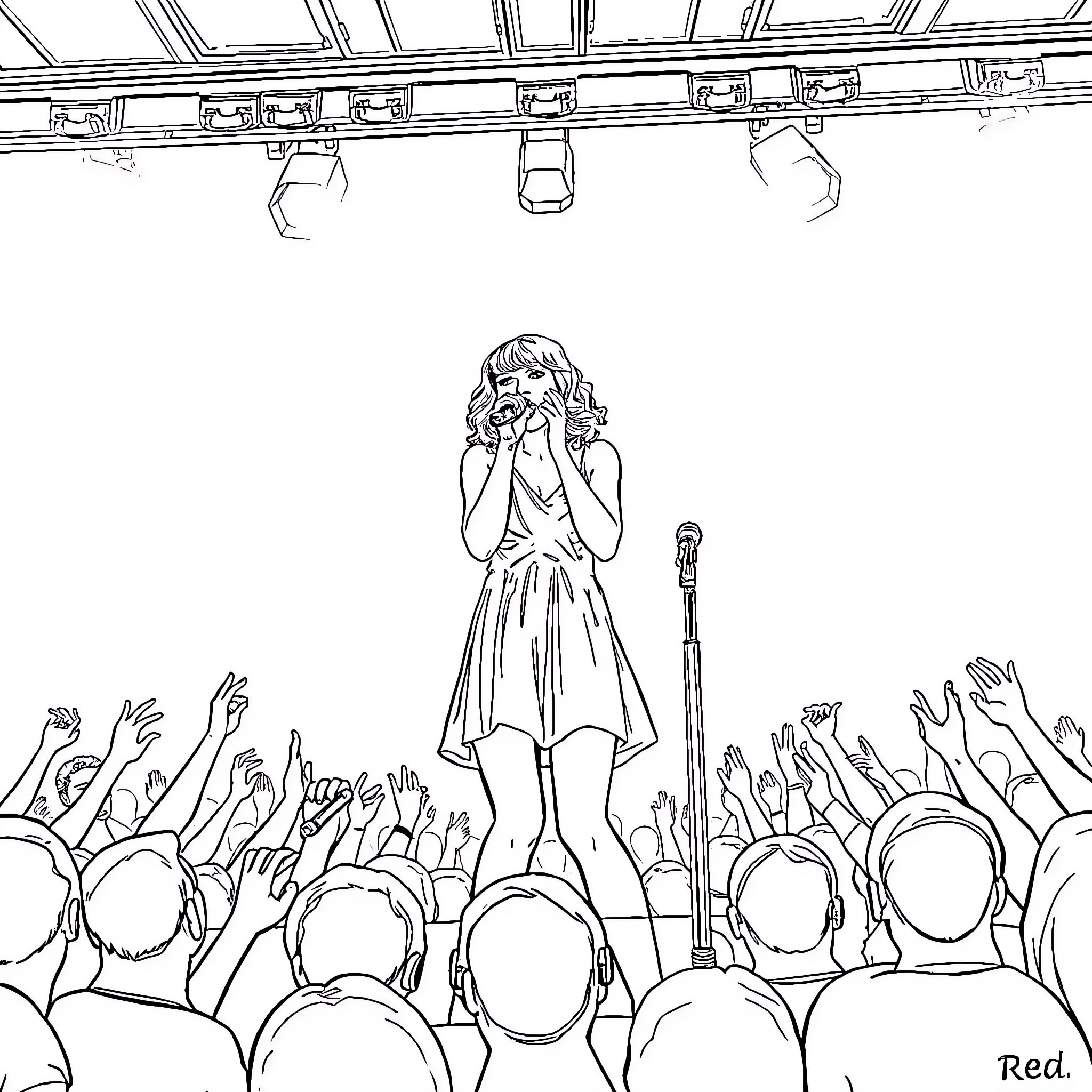 Taylor Swift performing on stage before a crowd Coloring Page (free black-and-white line drawing printable PDF for all, from beginners to advanced learners, including children, teens, adults, and seniors)