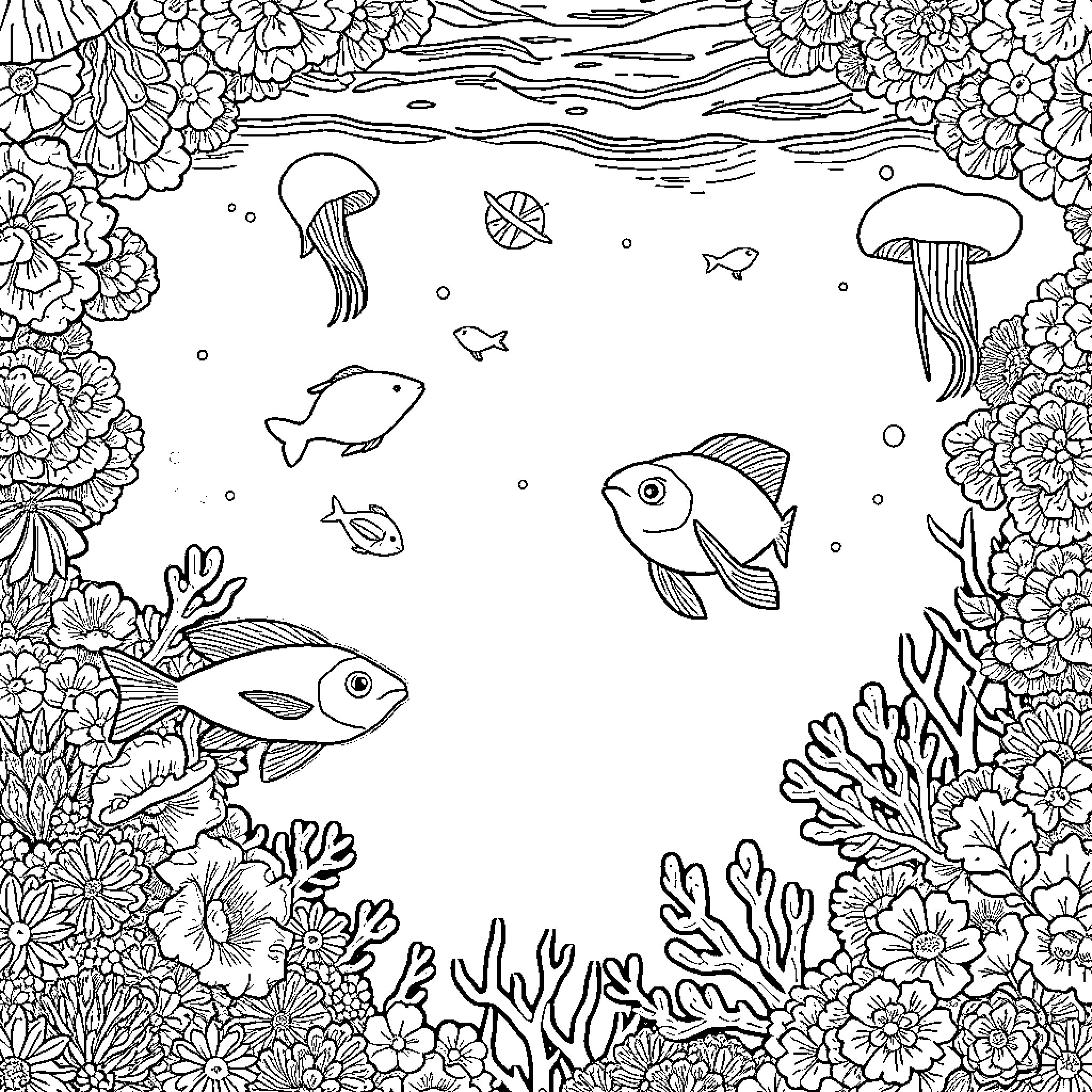 Marine Life with Vibrant Underwater Scenery Coloring Page (free black-and-white line drawing printable PDF for all, from beginners to advanced learners, including children, teens, adults, and seniors)