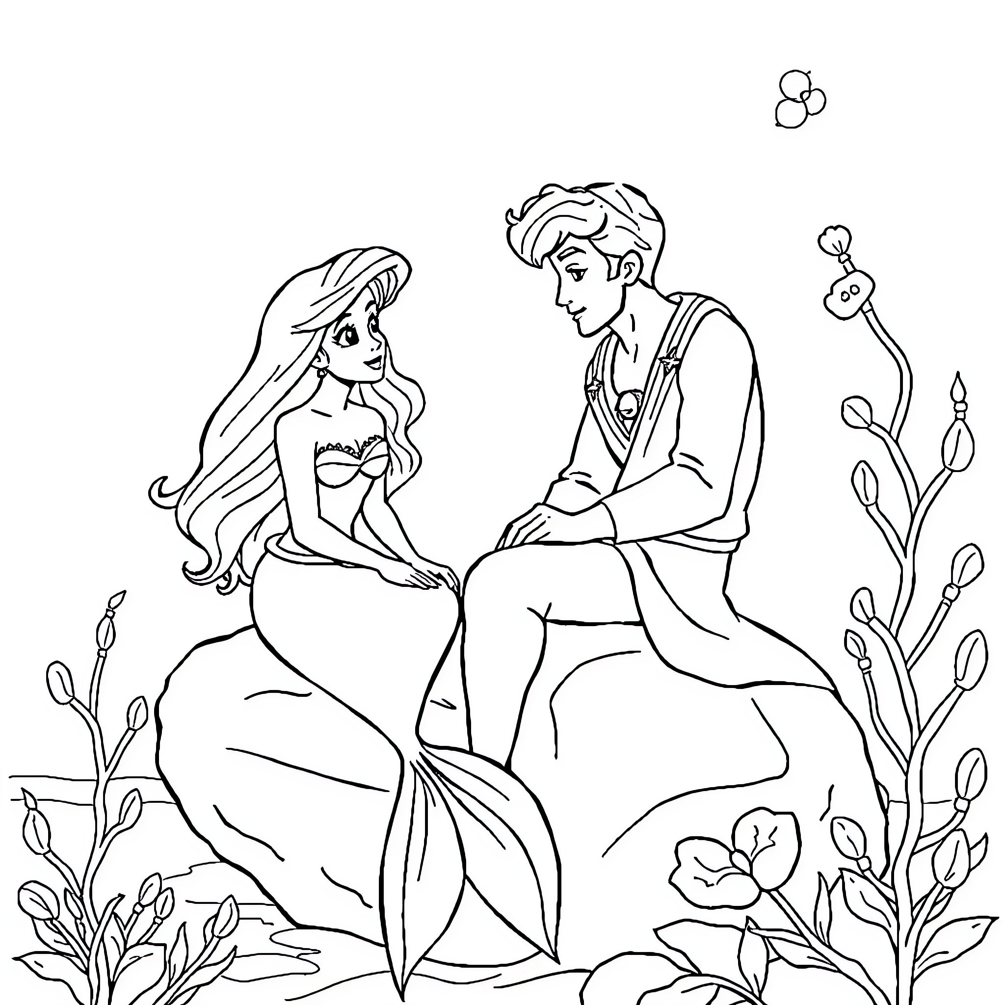 Mermaid and prince in enchanted underwater scene Coloring Page (free black-and-white line drawing printable PDF for all, from beginners to advanced learners, including children, teens, adults, and seniors)