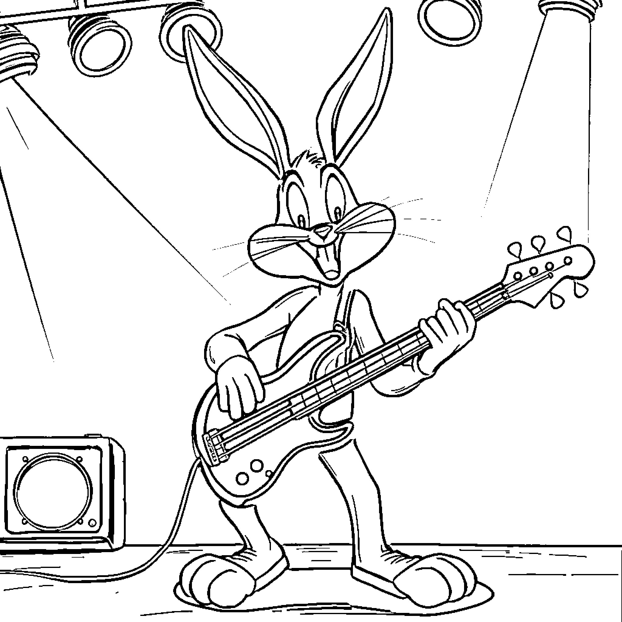 Bugs Bunny performing on stage with a guitar Coloring Page (free black-and-white line drawing printable PDF for all, from beginners to advanced learners, including children, teens, adults, and seniors)