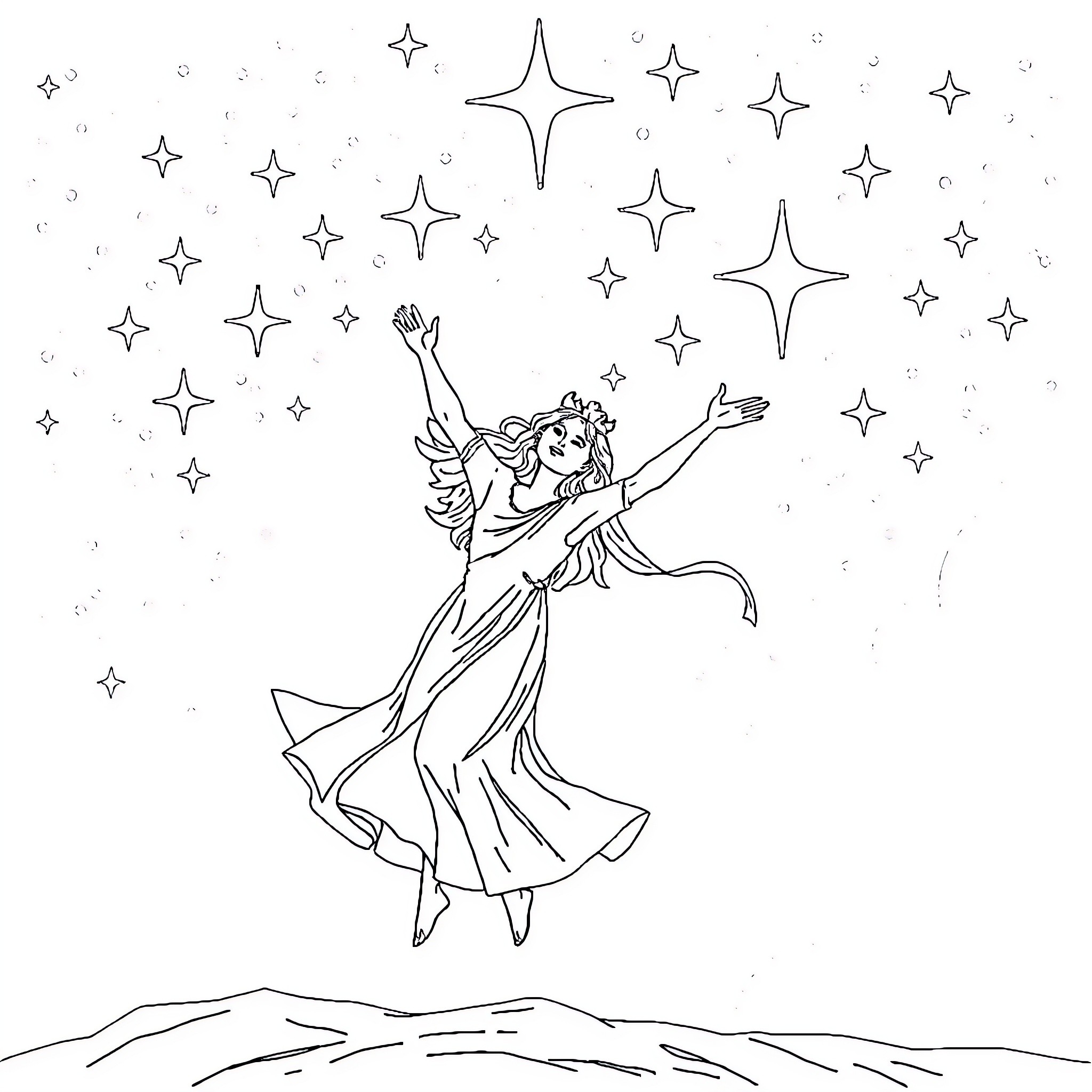 Miraculous Celestial Dancer Performs Under the Starry Sky Coloring Page (free black-and-white line drawing printable PDF for all, from beginners to advanced learners, including children, teens, adults, and seniors)