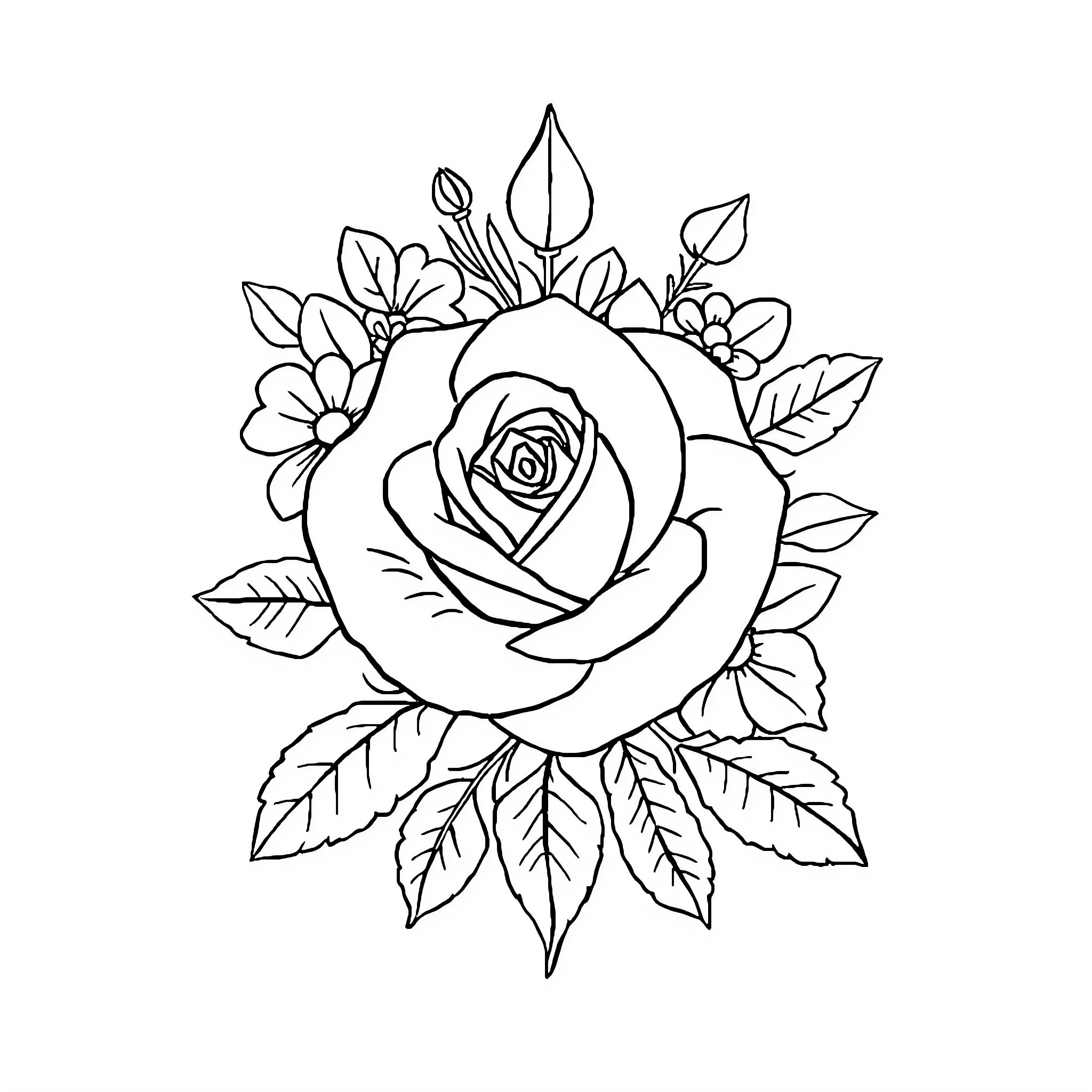 Logo of a beautiful rose with leaves and flowers Coloring Page (free black-and-white line drawing printable PDF for all, from beginners to advanced learners, including children, teens, adults, and seniors)