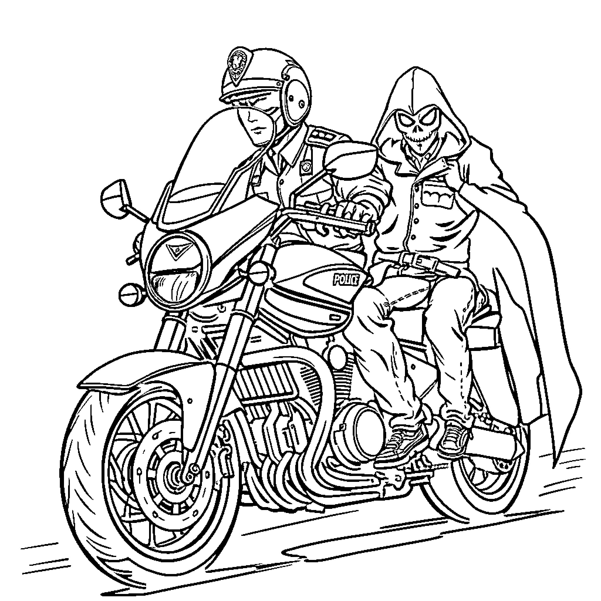 Police Motorcycle with Vigilant Officers Coloring Page (free black-and-white line drawing printable PDF for all, from beginners to advanced learners, including children, teens, adults, and seniors)