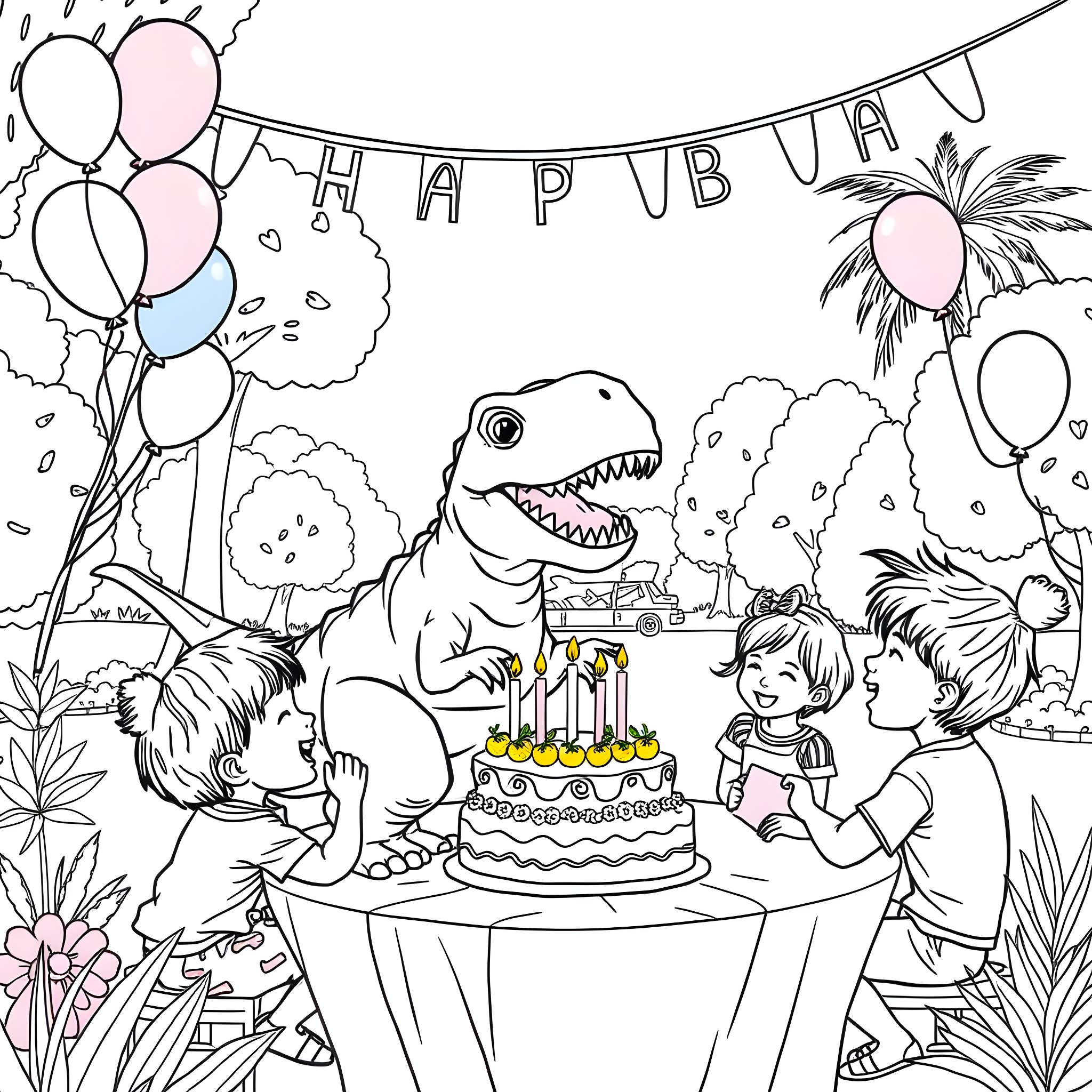 Dinosaur birthday party with kids and balloons Coloring Page (free black-and-white line drawing printable PDF for all, from beginners to advanced learners, including children, teens, adults, and seniors)