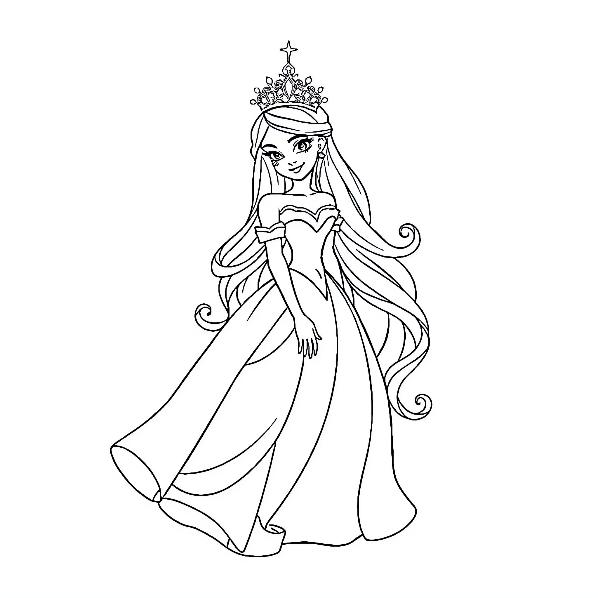Princess in Elegant Dress and Crown Coloring Page (free black-and-white line drawing printable PDF for all, from beginners to advanced learners, including children, teens, adults, and seniors)