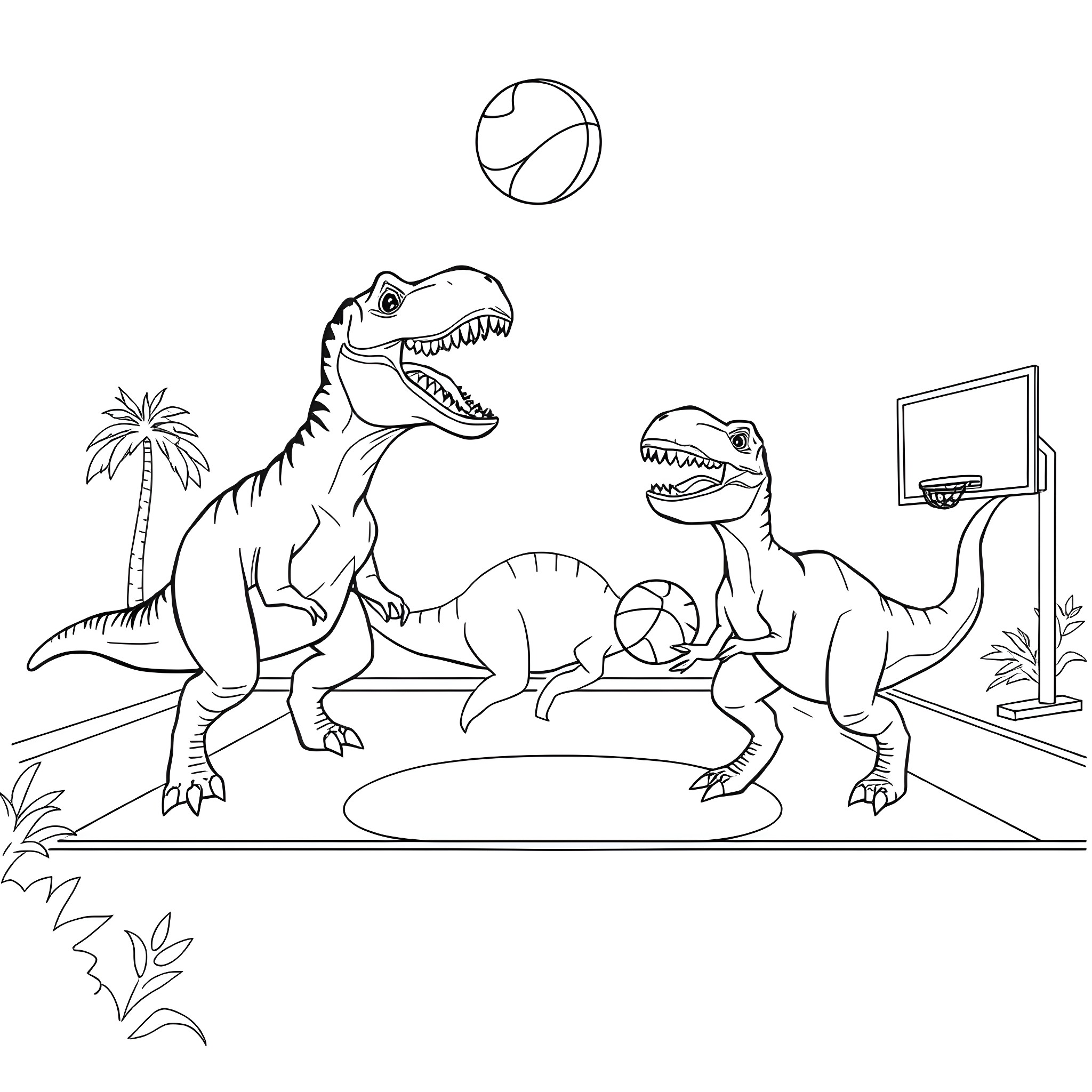 Dinosaurs playing joyfully in their habitat Coloring Page (free black-and-white line drawing printable PDF for all, from beginners to advanced learners, including children, teens, adults, and seniors)