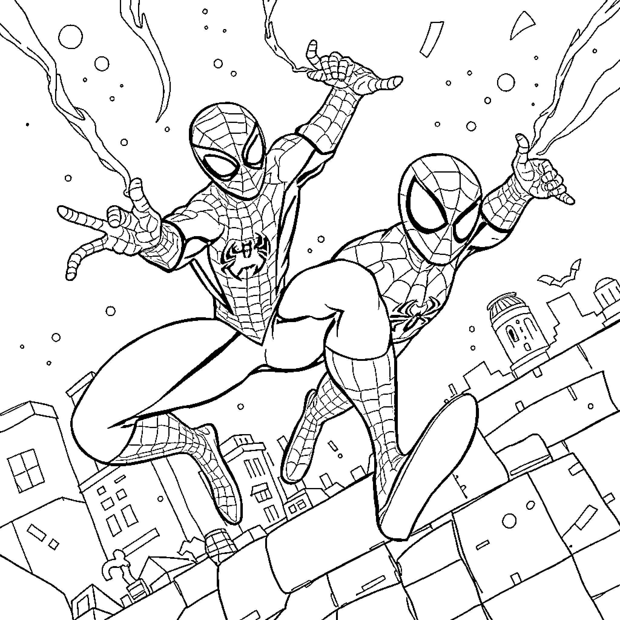 Spider-Man swinging heroically through the city Coloring Page (free black-and-white line drawing printable PDF for all, from beginners to advanced learners, including children, teens, adults, and seniors)