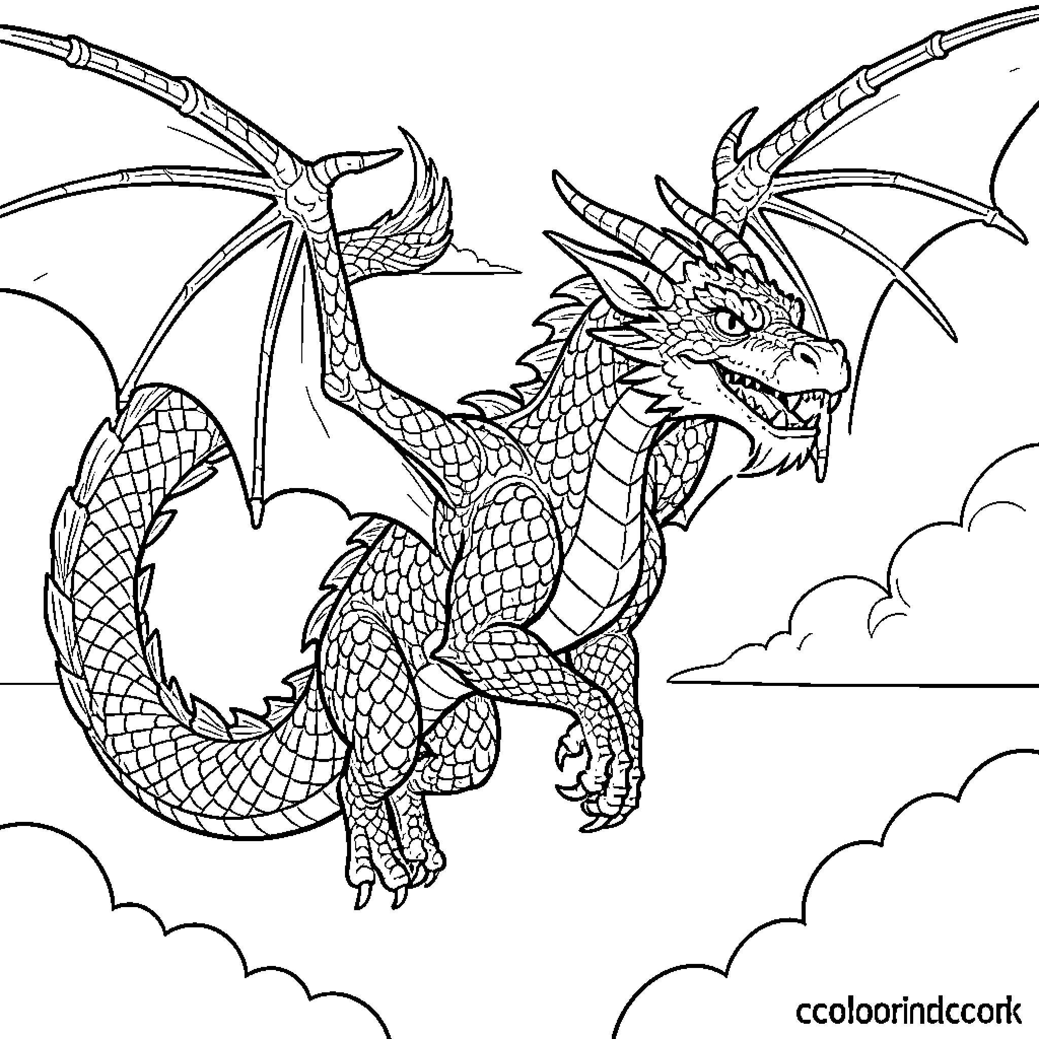 Dragon soaring in the sky with detailed features Coloring Page (free black-and-white line drawing printable PDF for all, from beginners to advanced learners, including children, teens, adults, and seniors)