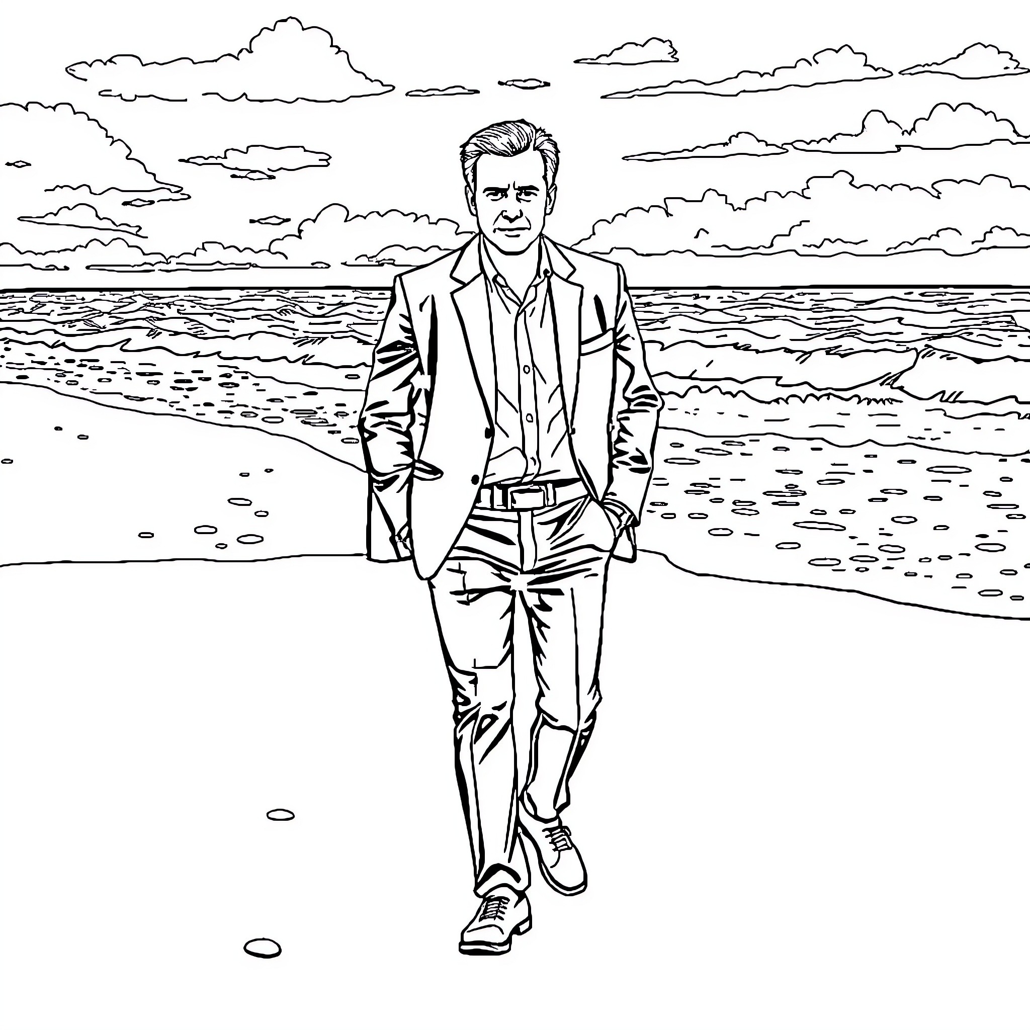 Macron strolling along the beach Coloring Page (free black-and-white line drawing printable PDF for all, from beginners to advanced learners, including children, teens, adults, and seniors)