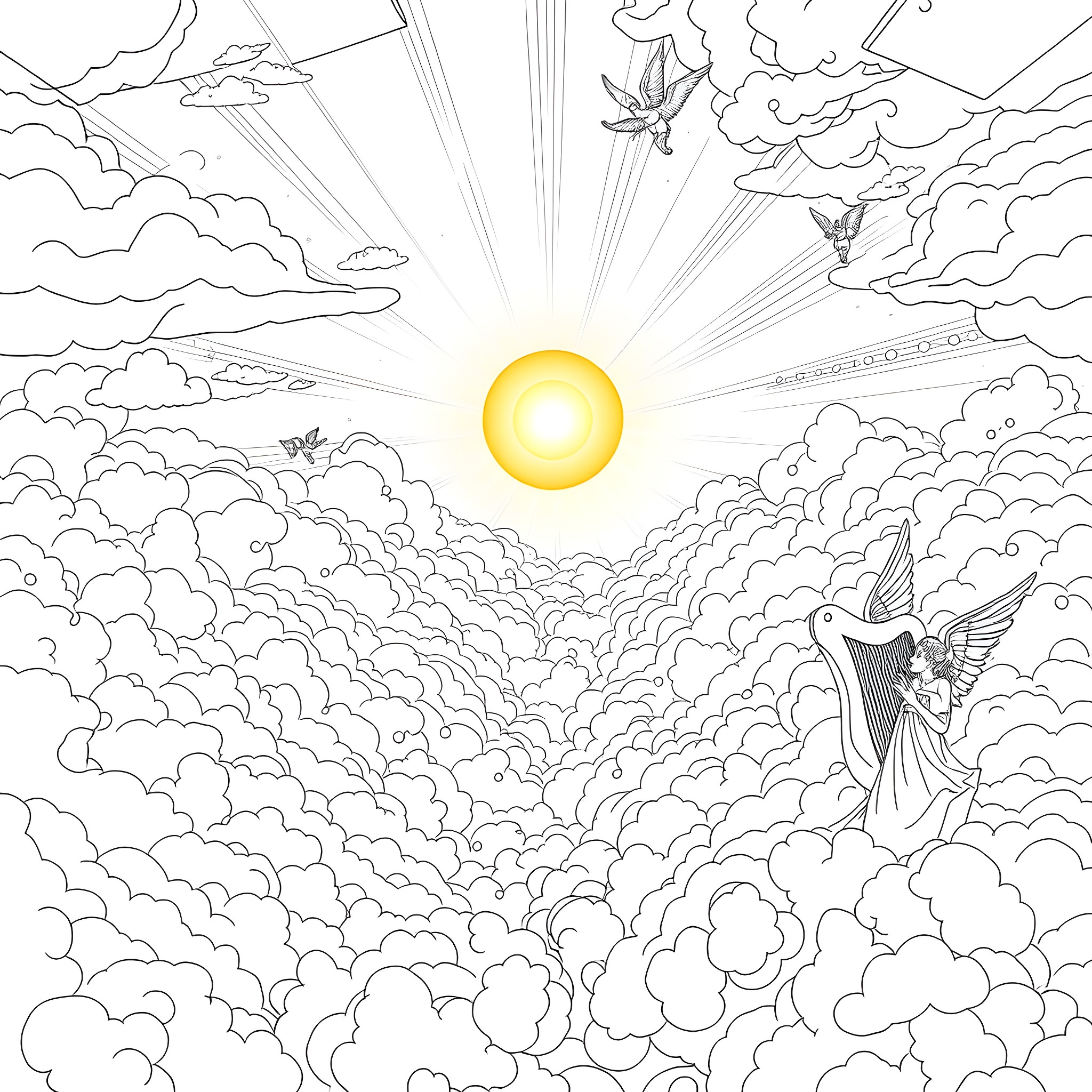 Heaven's Celestial Bliss: Angels Soaring through Radiant Clouds Coloring Page (free black-and-white line drawing printable PDF for all, from beginners to advanced learners, including children, teens, adults, and seniors)