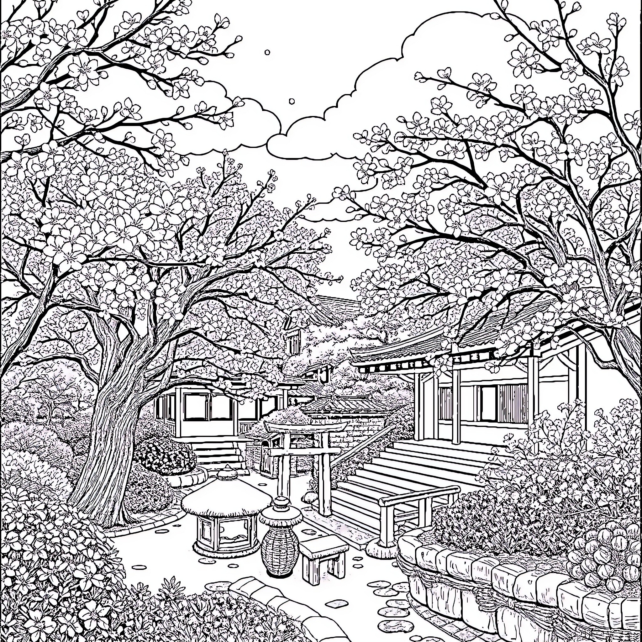 Garden with Tranquil Japanese Architecture Coloring Page (free black-and-white line drawing printable PDF for all, from beginners to advanced learners, including children, teens, adults, and seniors)
