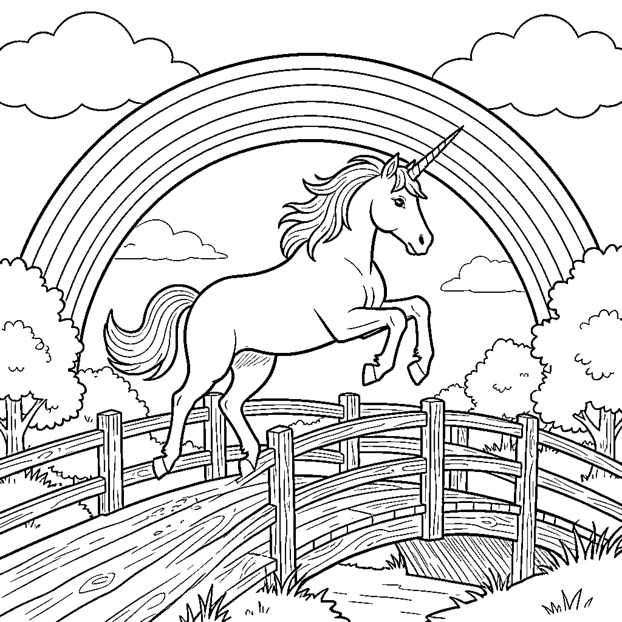 Unicorn rearing up on a wooden bridge Coloring Page (free black-and-white line drawing printable PDF for all, from beginners to advanced learners, including children, teens, adults, and seniors)