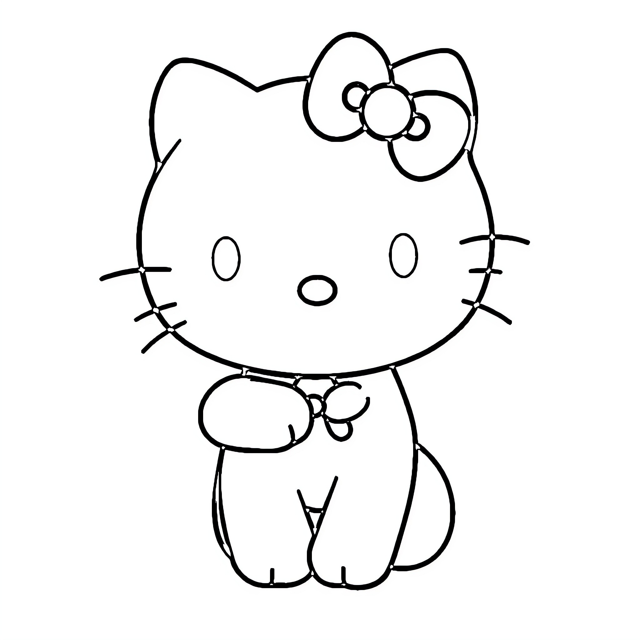 Hello Kitty sitting and smiling Coloring Page (free black-and-white line drawing printable PDF for all, from beginners to advanced learners, including children, teens, adults, and seniors)