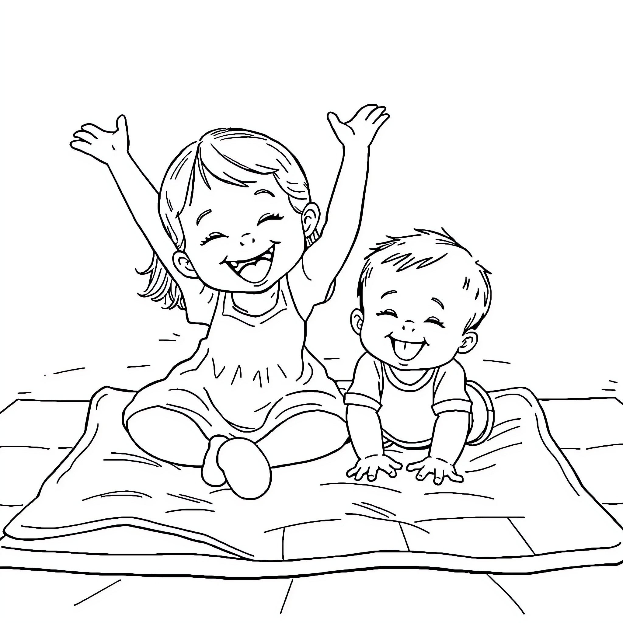 Toddlers playing happily on a blanket Coloring Page (free black-and-white line drawing printable PDF for all, from beginners to advanced learners, including children, teens, adults, and seniors)