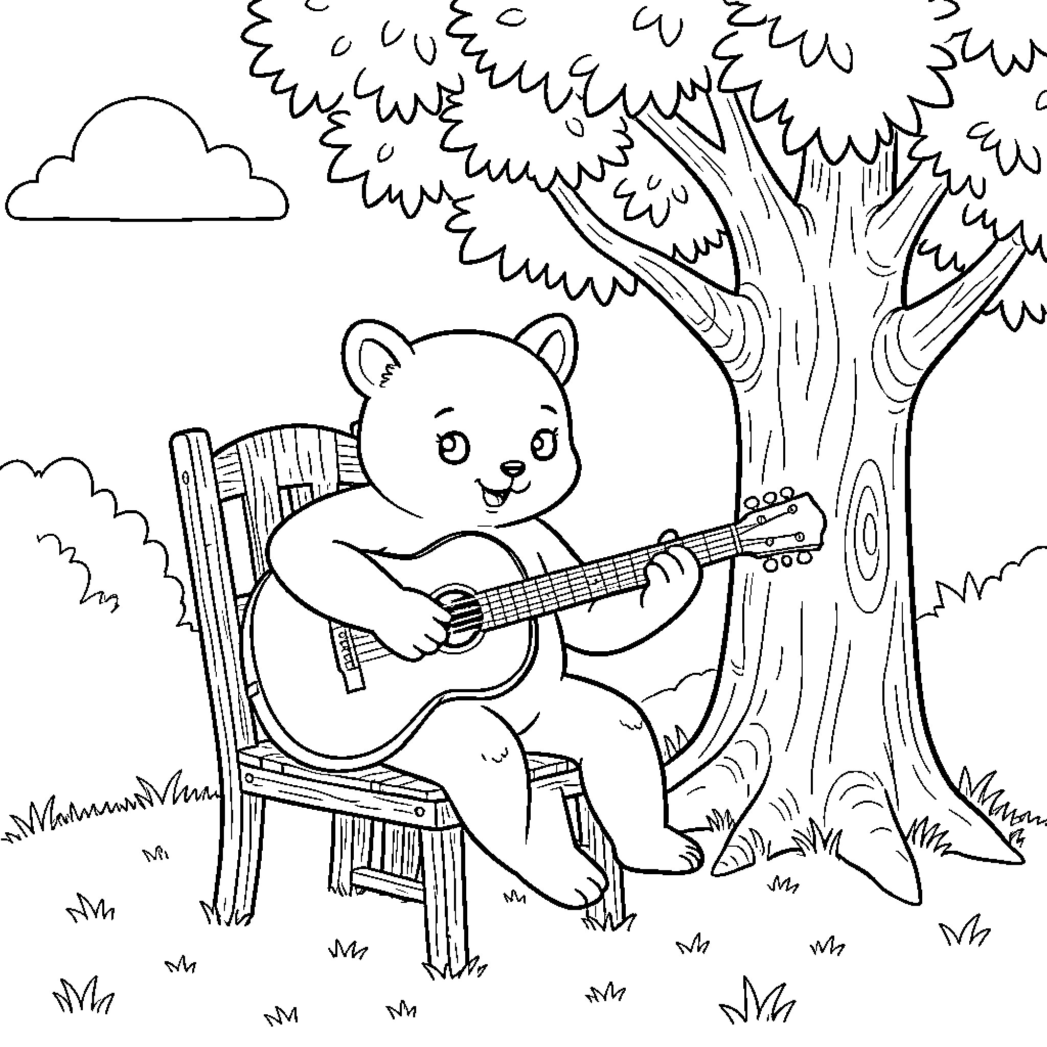 Labubu playing the guitar under a tree Coloring Page (free black-and-white line drawing printable PDF for all, from beginners to advanced learners, including children, teens, adults, and seniors)
