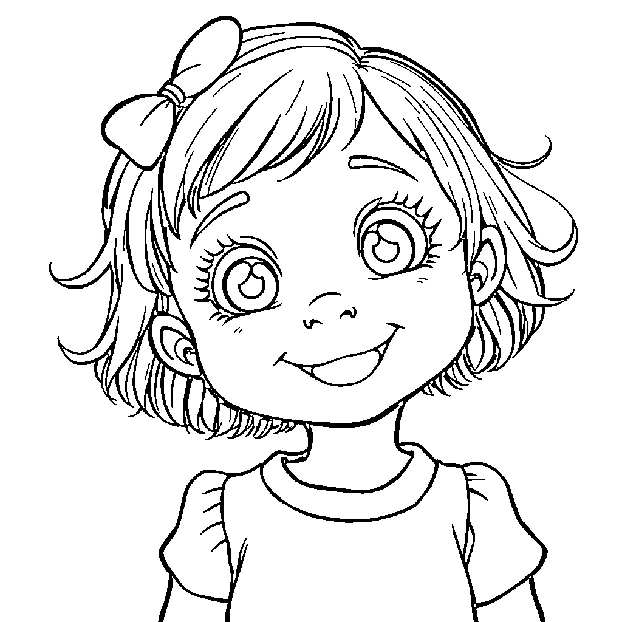 Girl with a big smile and bow in her hair Coloring Page (free black-and-white line drawing printable PDF for all, from beginners to advanced learners, including children, teens, adults, and seniors)