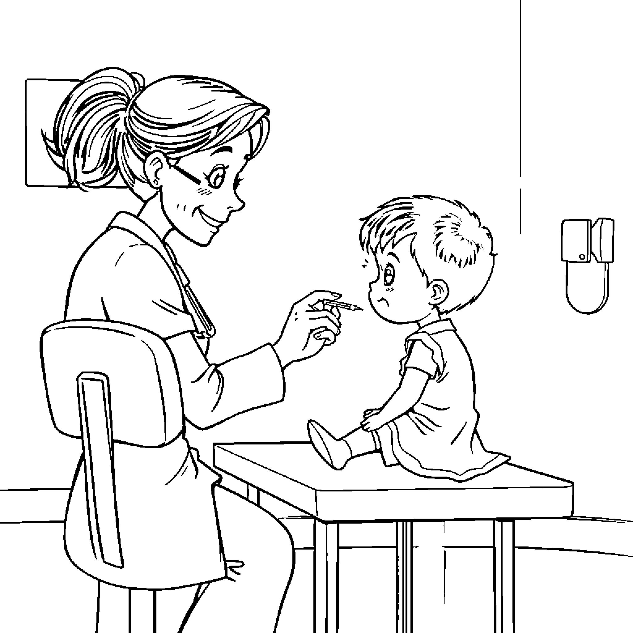 Kid playing with toy at doctor's office Coloring Page (free black-and-white line drawing printable PDF for all, from beginners to advanced learners, including children, teens, adults, and seniors)