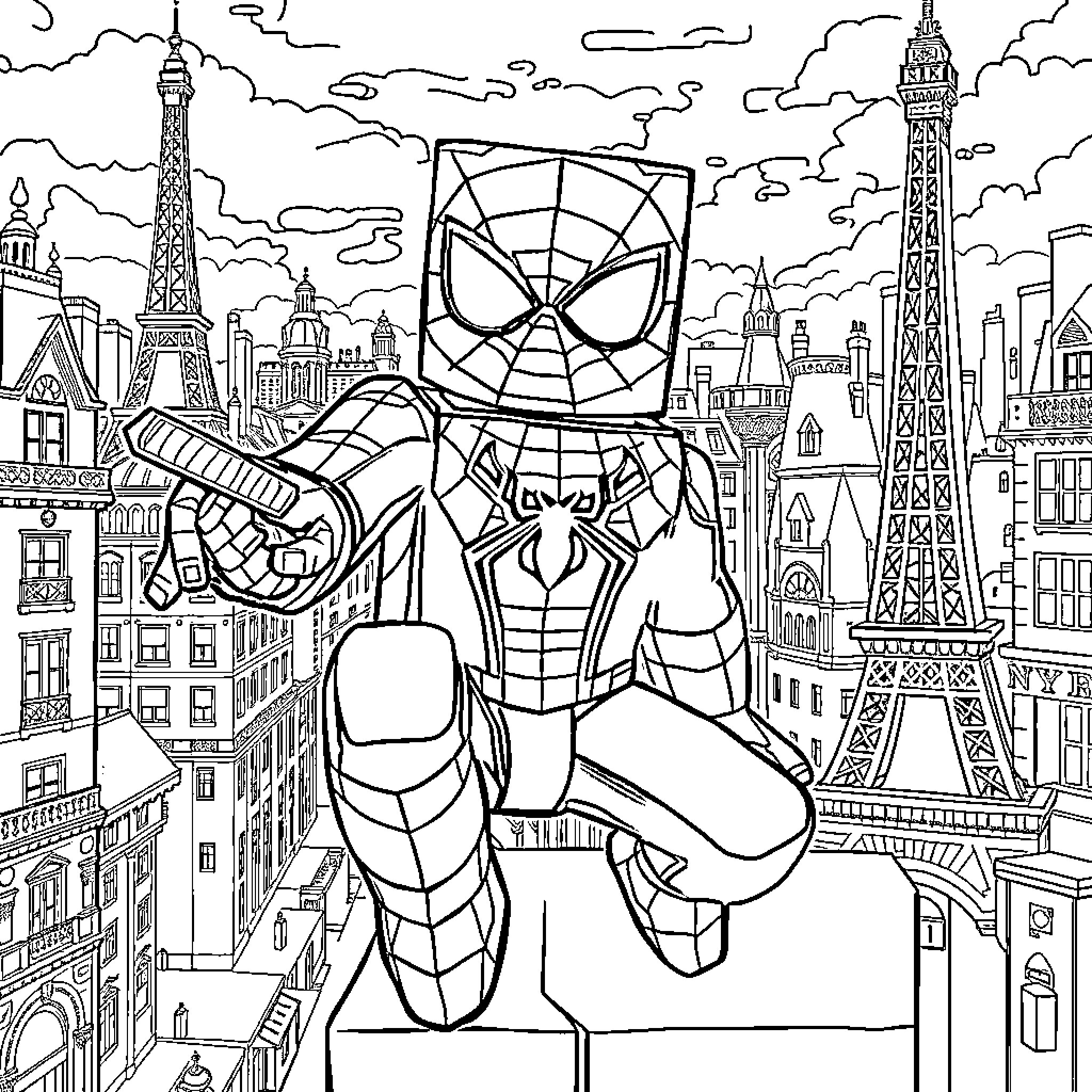 Minecraft Spider-Man in Paris City Skyline Coloring Page (free black-and-white line drawing printable PDF for all, from beginners to advanced learners, including children, teens, adults, and seniors)
