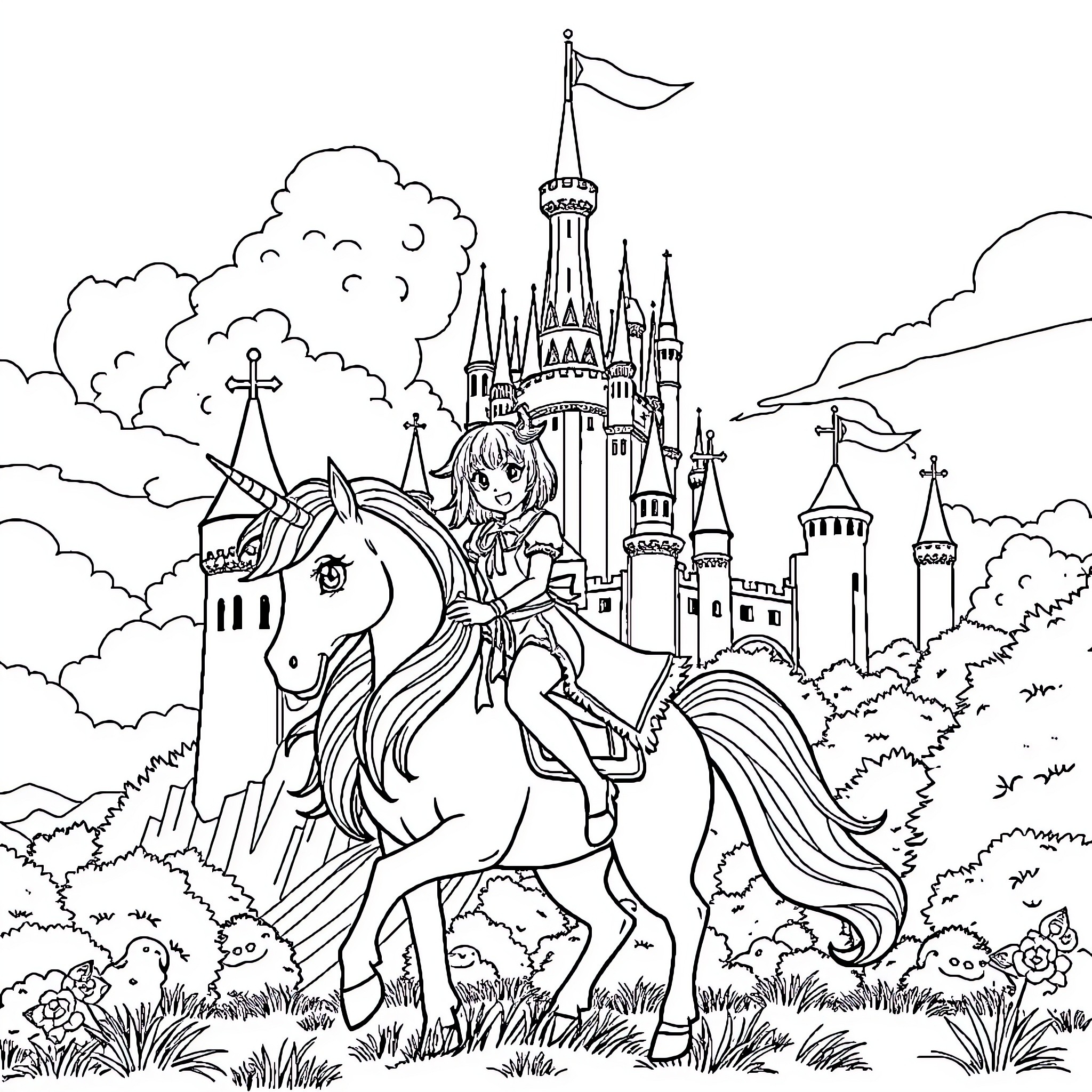 Kuromi riding a unicorn in a magical castle landscape Coloring Page (free black-and-white line drawing printable PDF for all, from beginners to advanced learners, including children, teens, adults, and seniors)
