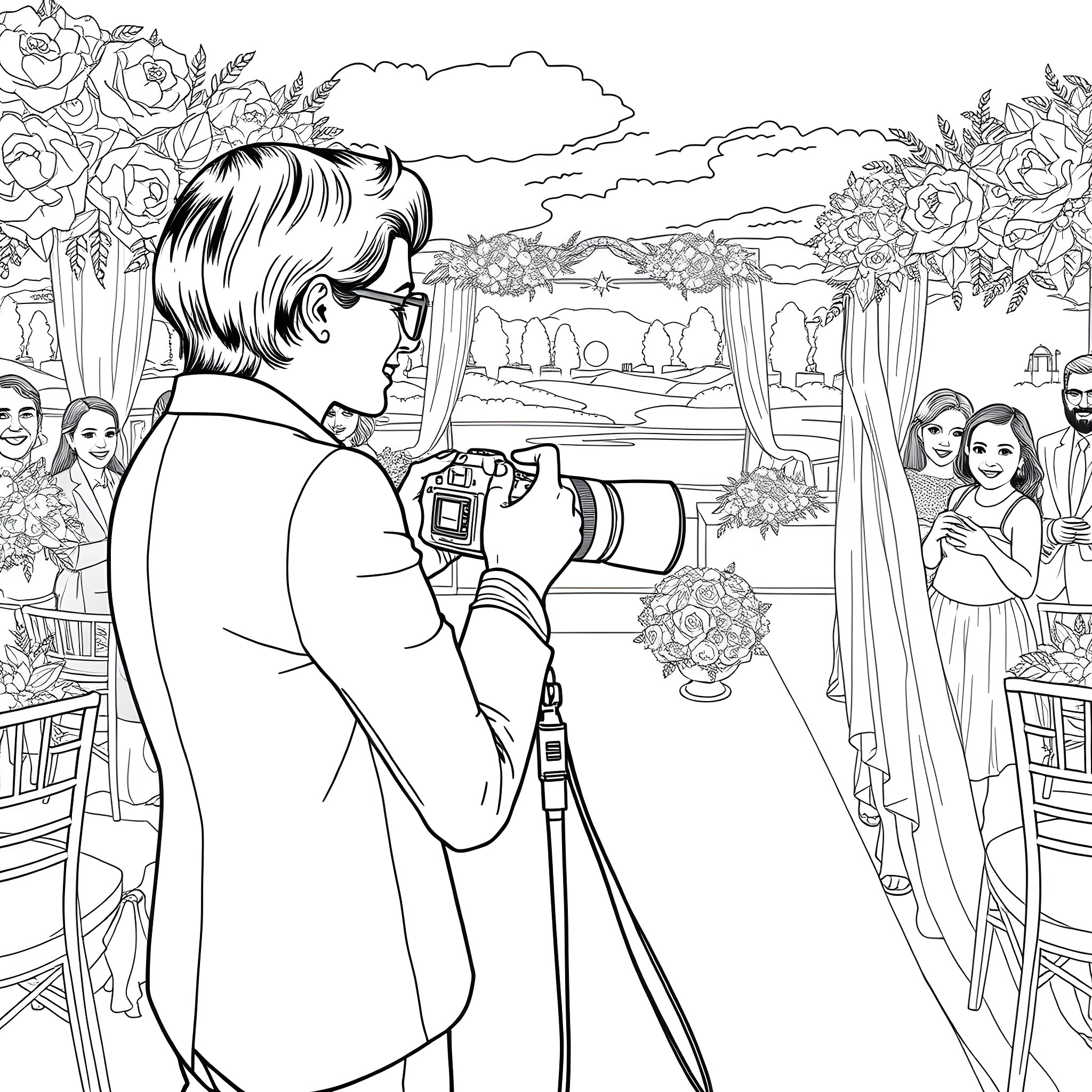 Photographer capturing wedding ceremony in scenic garden Coloring Page (free black-and-white line drawing printable PDF for all, from beginners to advanced learners, including children, teens, adults, and seniors)