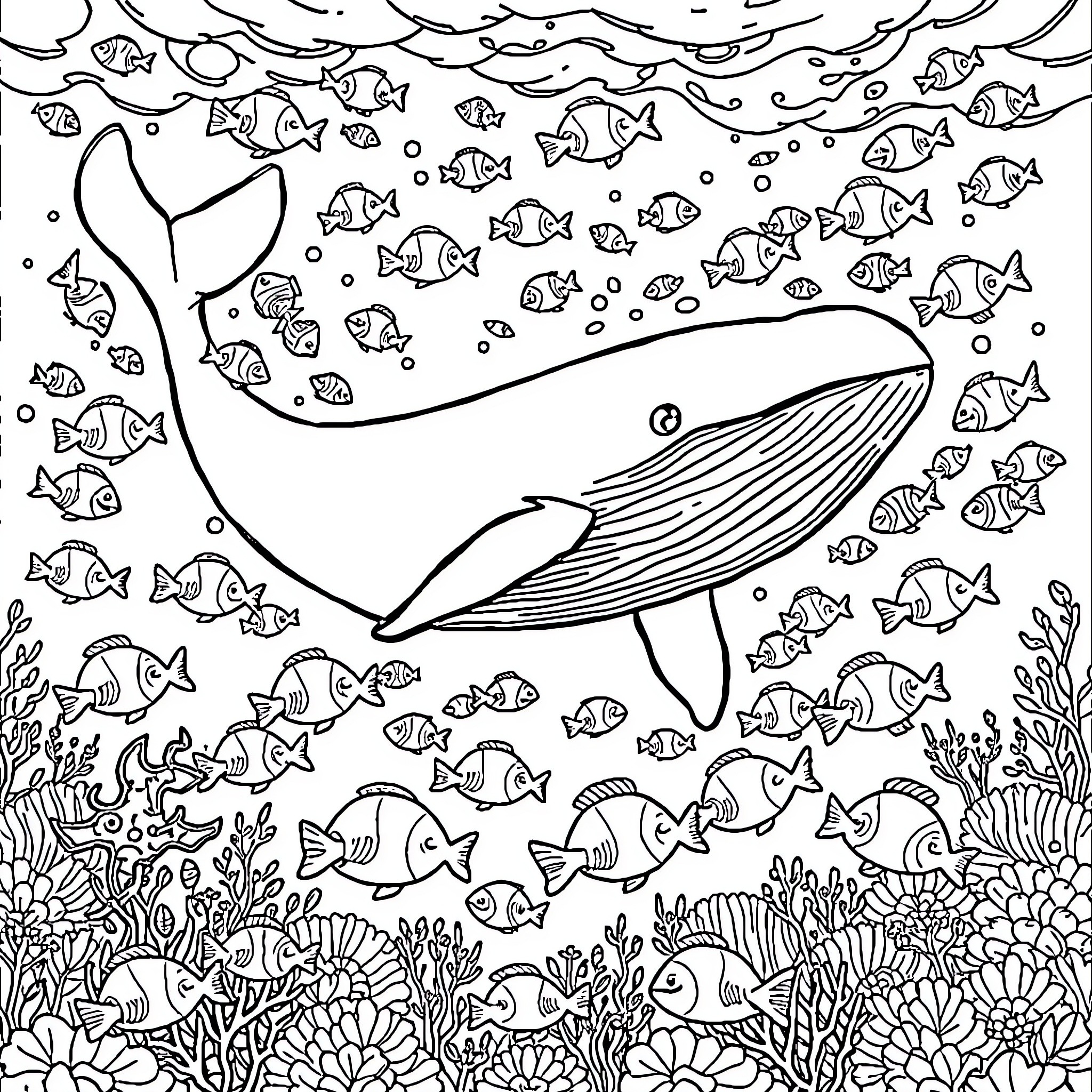 Whale surrounded by diverse marine life Coloring Page (free black-and-white line drawing printable PDF for all, from beginners to advanced learners, including children, teens, adults, and seniors)