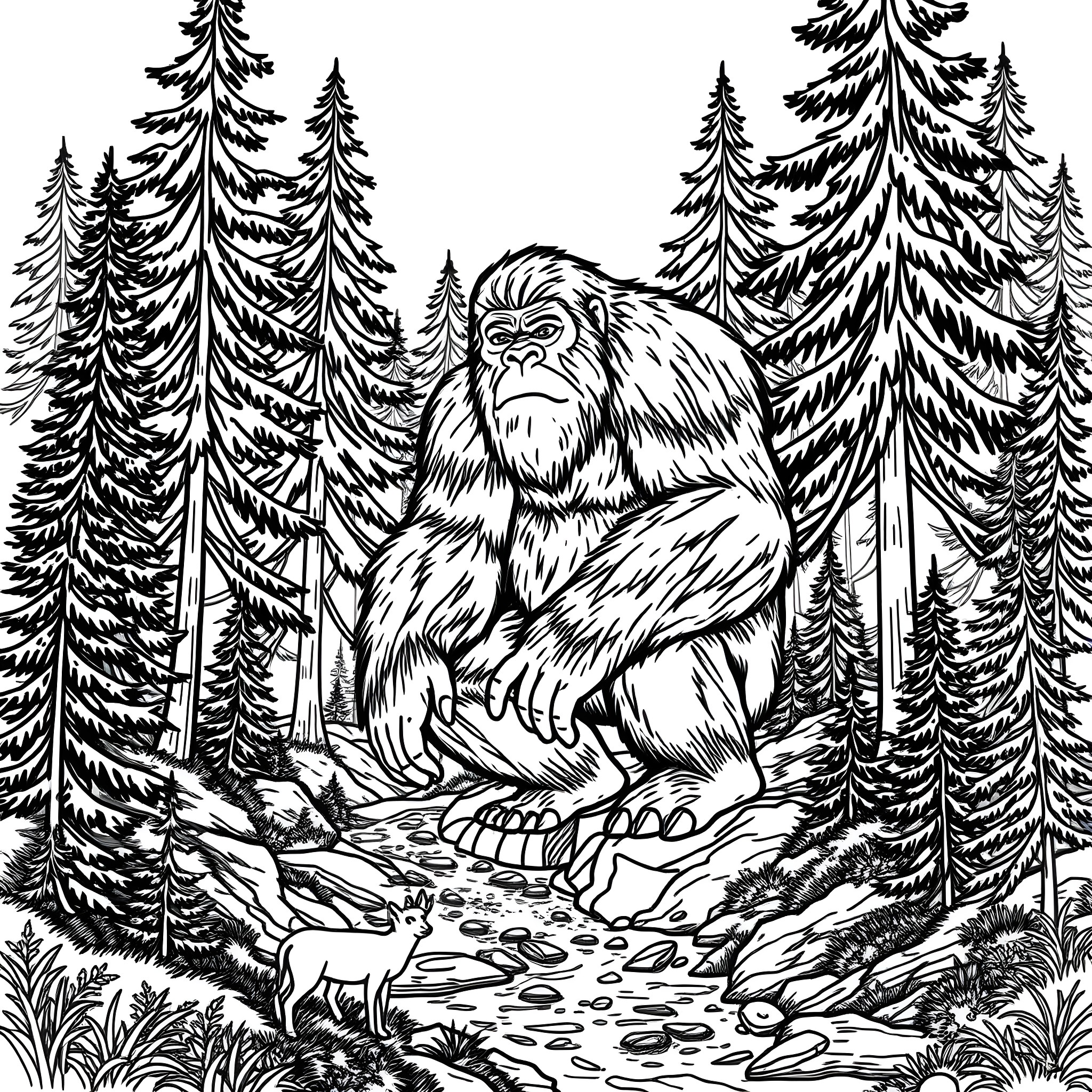Bigfoot exploring the forest with animals Coloring Page (free black-and-white line drawing printable PDF for all, from beginners to advanced learners, including children, teens, adults, and seniors)