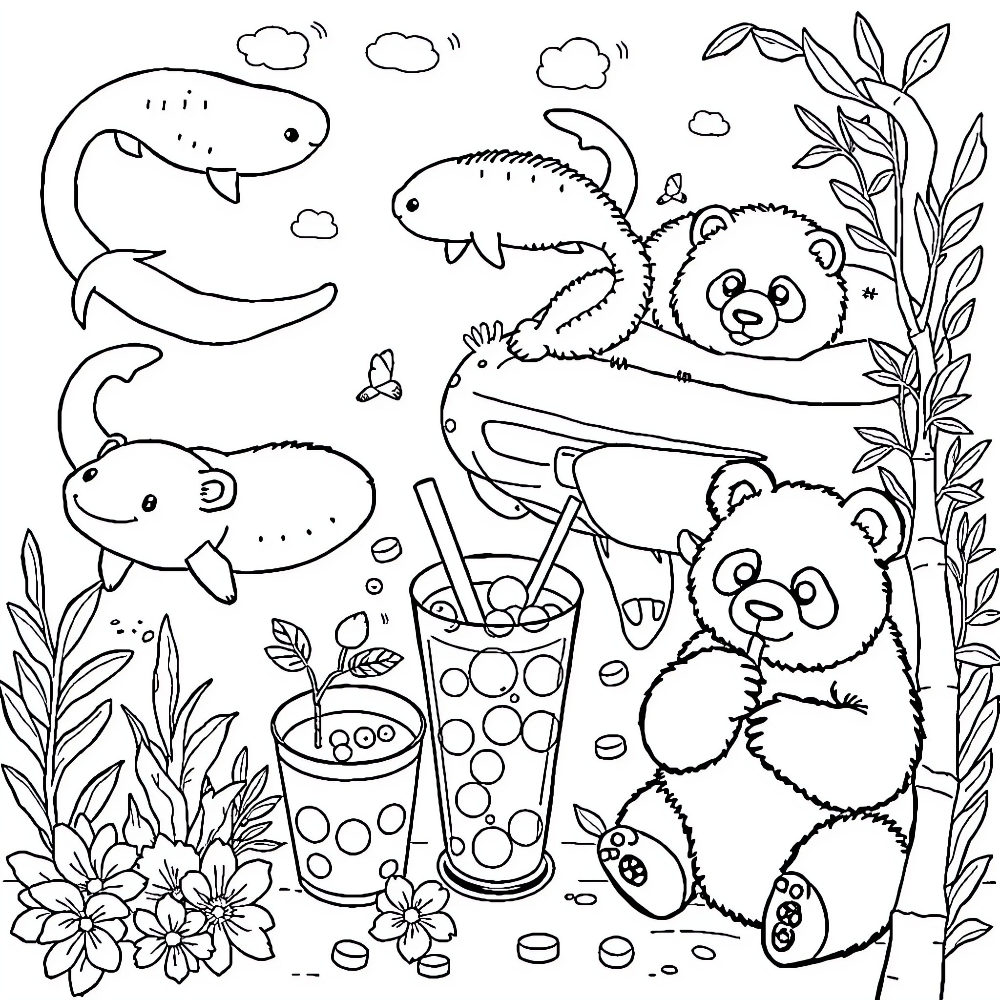 Axolotl friends enjoying a summer picnic Coloring Page (free black-and-white line drawing printable PDF for all, from beginners to advanced learners, including children, teens, adults, and seniors)