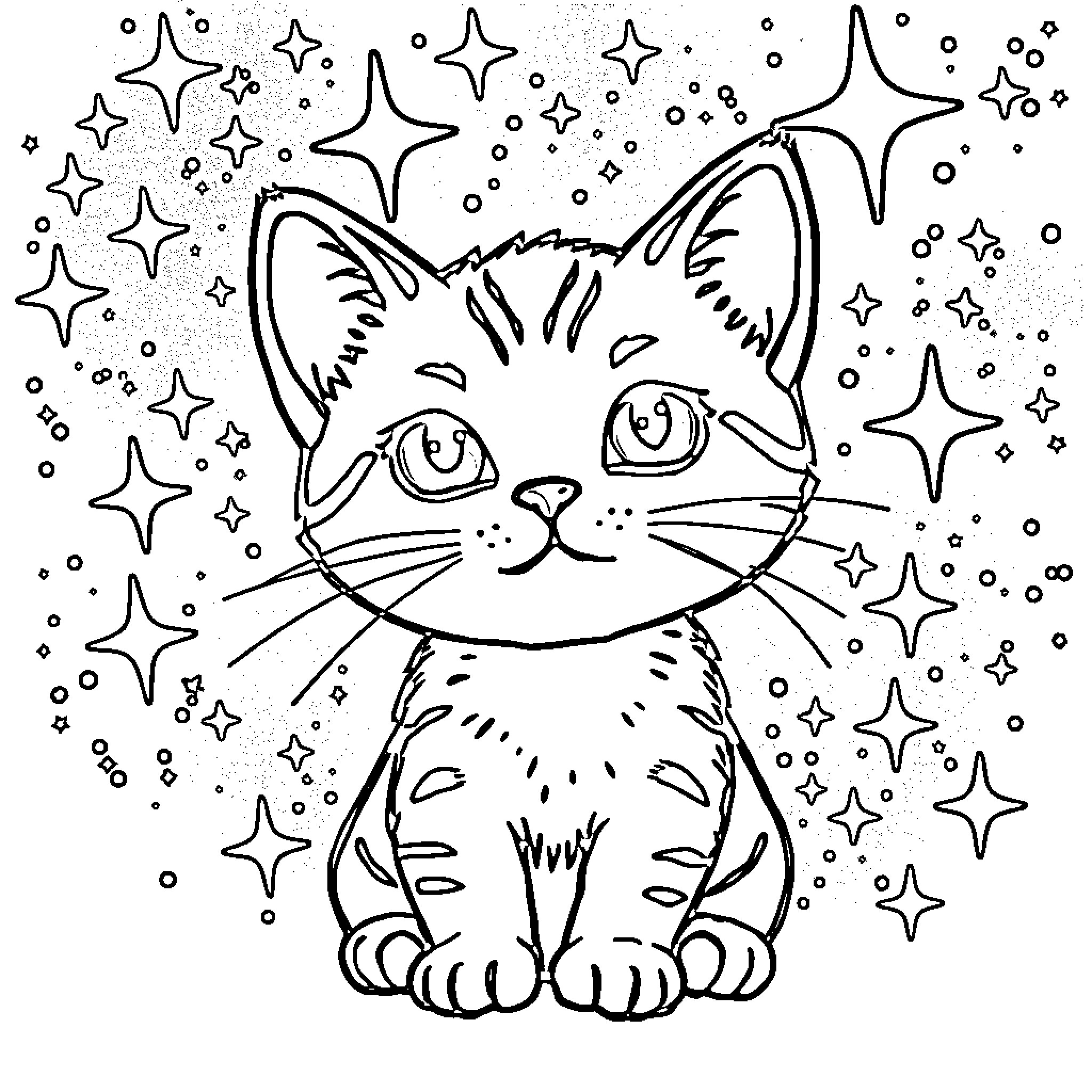 Kitty in a Starry Night Coloring Page (free black-and-white line drawing printable PDF for all, from beginners to advanced learners, including children, teens, adults, and seniors)