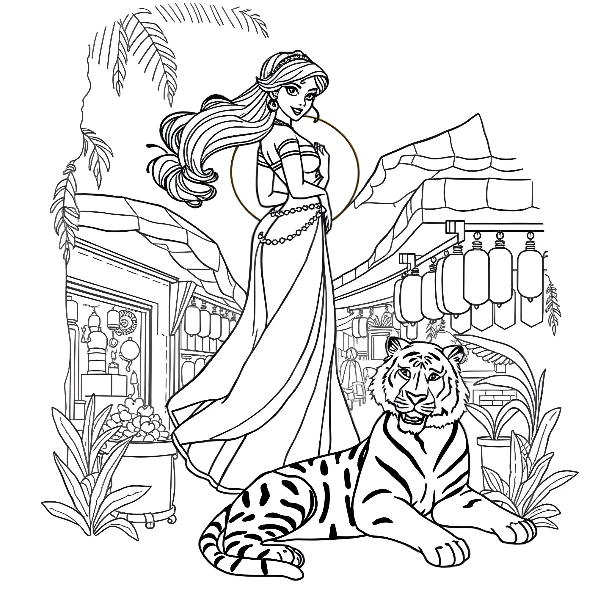 Jasmine in Arabian Palace with Friendly Tiger Coloring Page (free black-and-white line drawing printable PDF for all, from beginners to advanced learners, including children, teens, adults, and seniors)