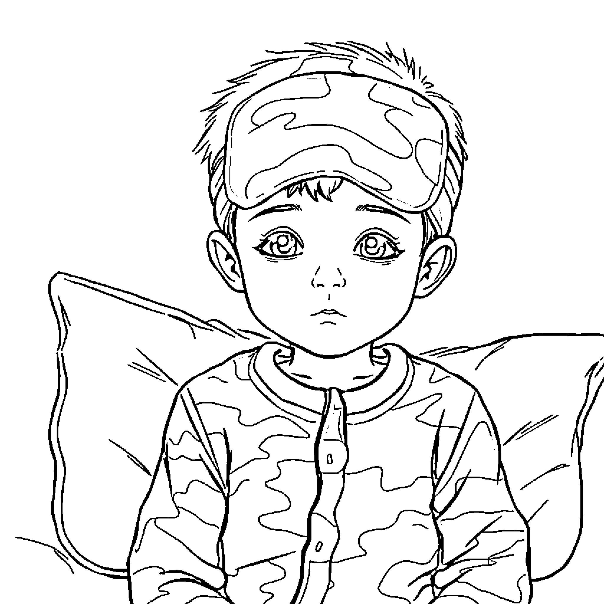 Boy in camouflage outfit with serious expression Coloring Page (free black-and-white line drawing printable PDF for all, from beginners to advanced learners, including children, teens, adults, and seniors)
