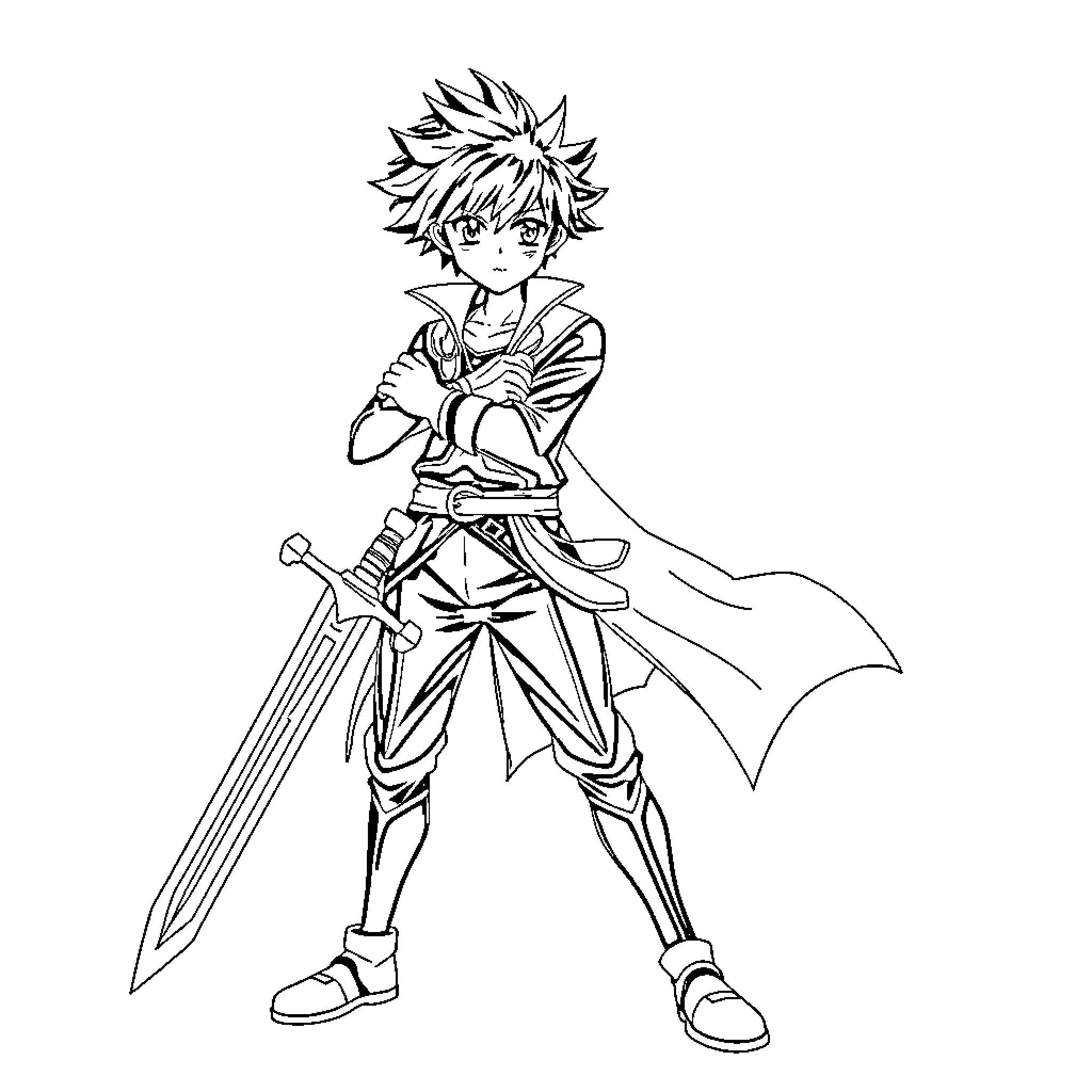 Anime Swordsman Stands Resolute with Sword Coloring Page (free black-and-white line drawing printable PDF for all, from beginners to advanced learners, including children, teens, adults, and seniors)