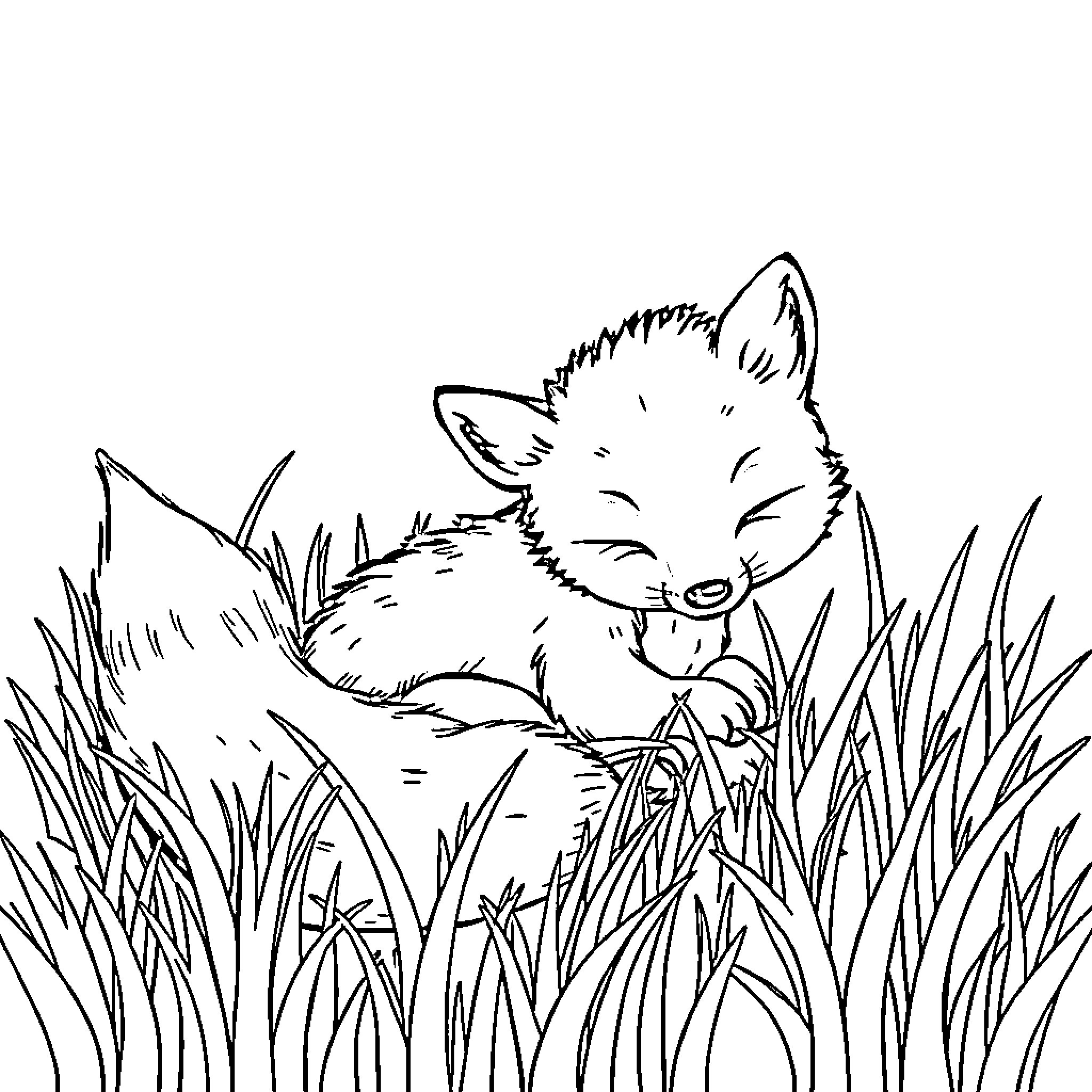Fox resting peacefully in the tall grass Coloring Page (free black-and-white line drawing printable PDF for all, from beginners to advanced learners, including children, teens, adults, and seniors)