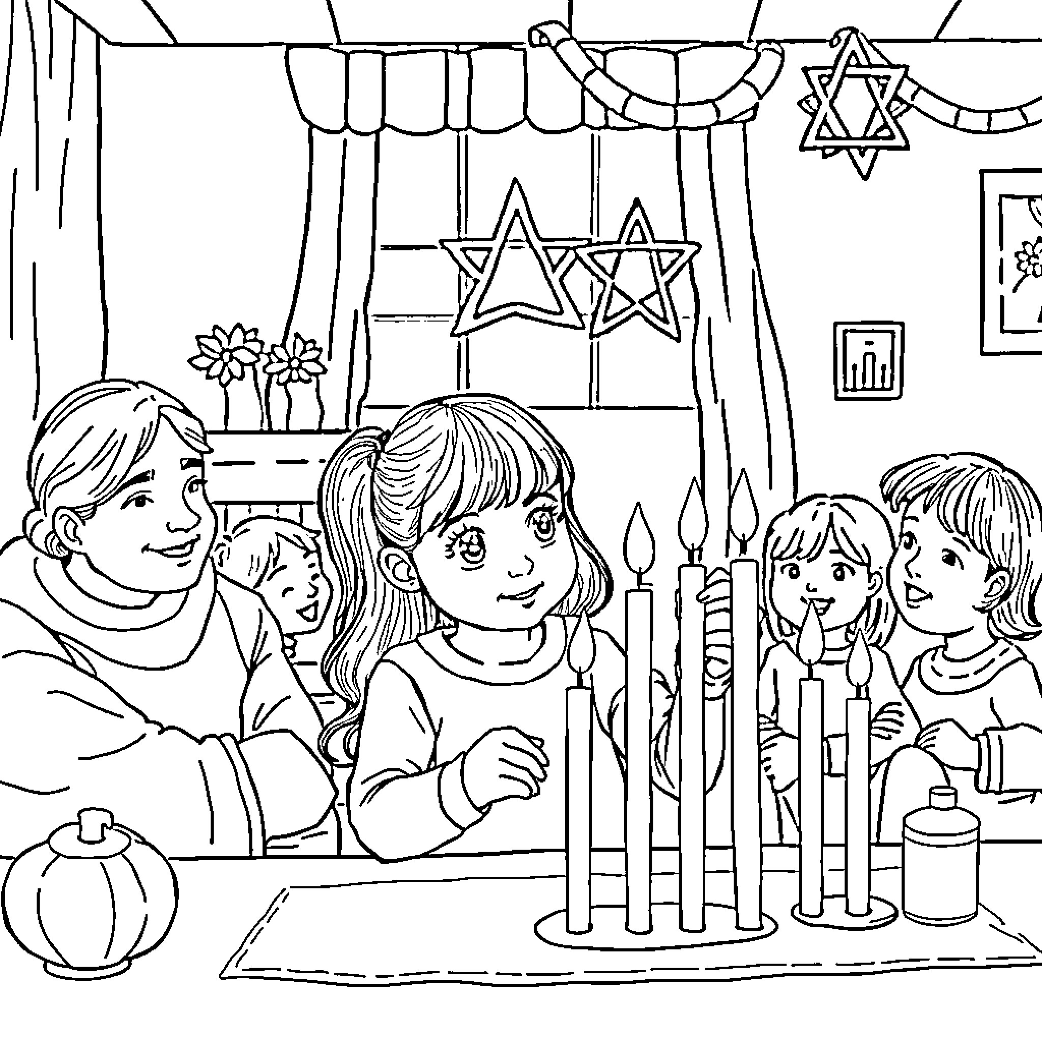 Girl and Family Celebrating Hanukkah Together Coloring Page (free black-and-white line drawing printable PDF for all, from beginners to advanced learners, including children, teens, adults, and seniors)