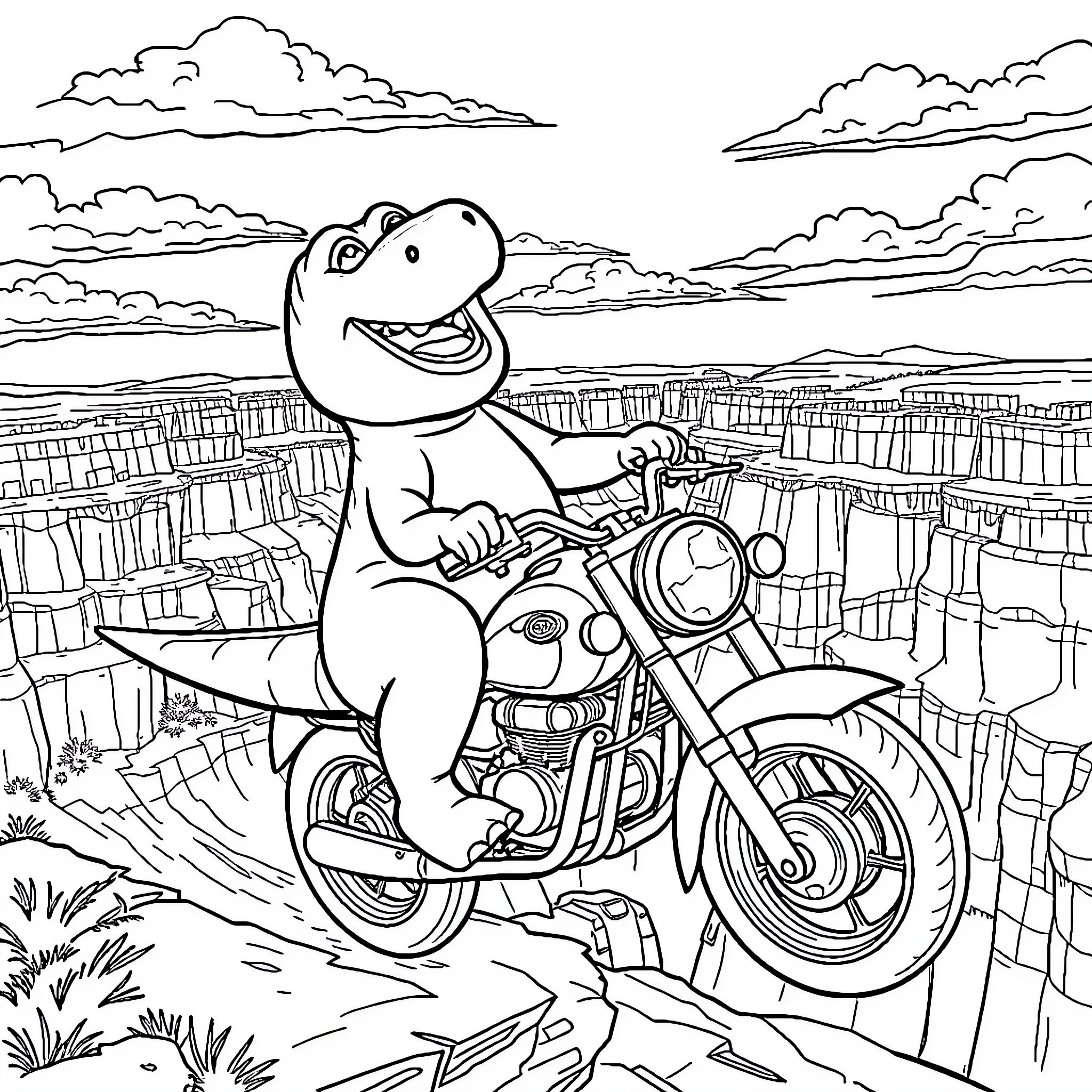 Barney's Adventurous Motorcycle Ride through the Canyon Coloring Page (free black-and-white line drawing printable PDF for all, from beginners to advanced learners, including children, teens, adults, and seniors)