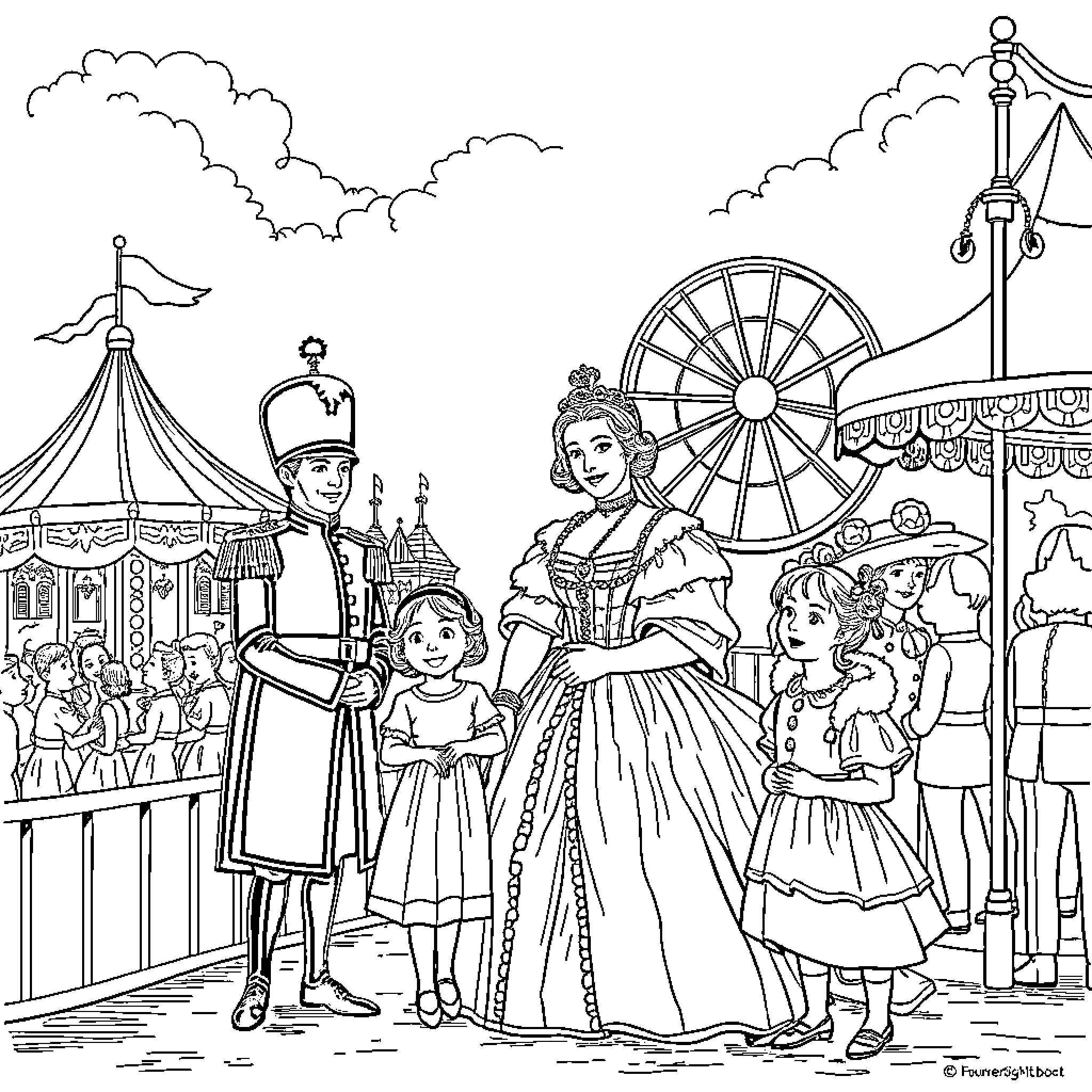 Queen and Her Family at the Carnival Coloring Page (free black-and-white line drawing printable PDF for all, from beginners to advanced learners, including children, teens, adults, and seniors)
