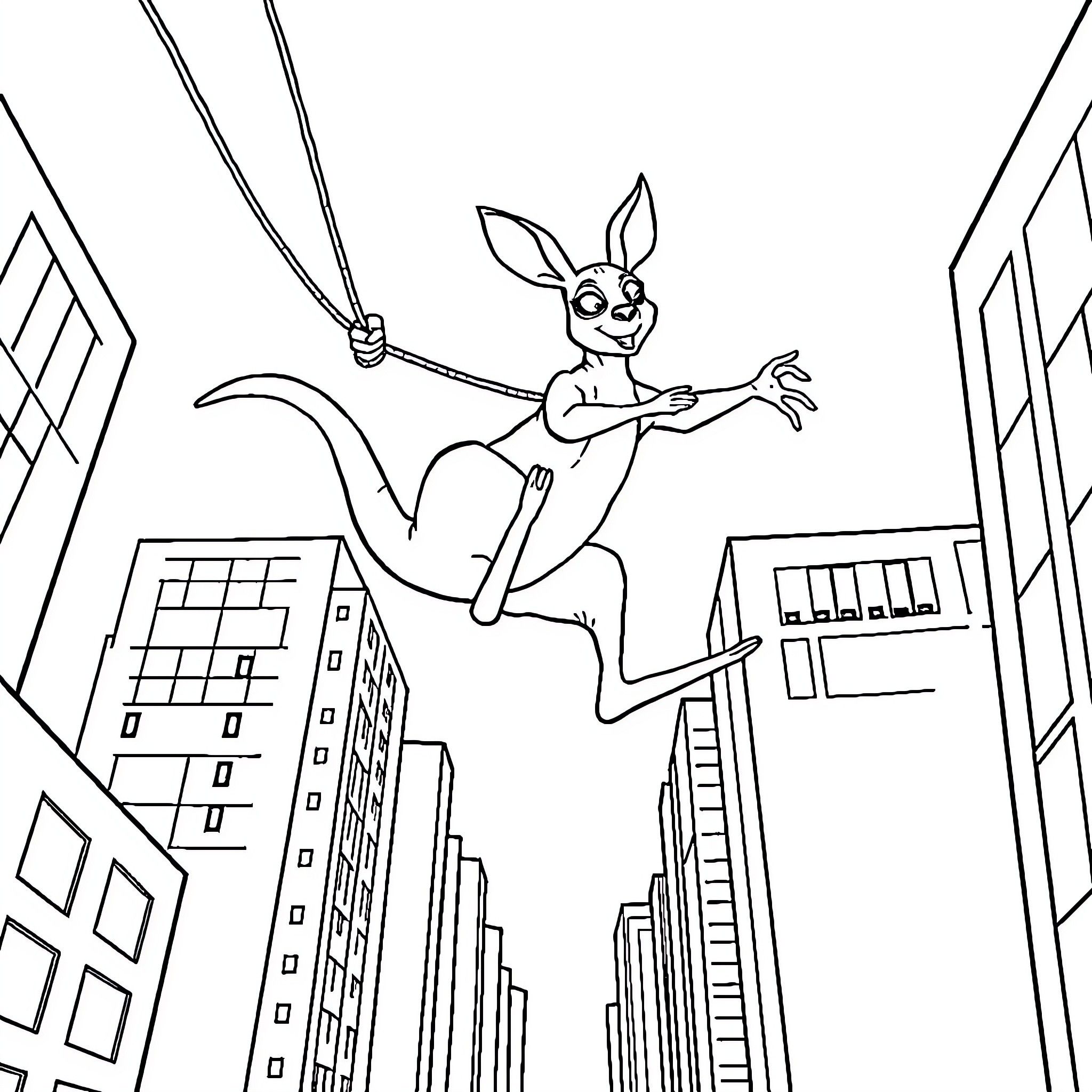 Kangaroo superhero leaping through the city Coloring Page (free black-and-white line drawing printable PDF for all, from beginners to advanced learners, including children, teens, adults, and seniors)
