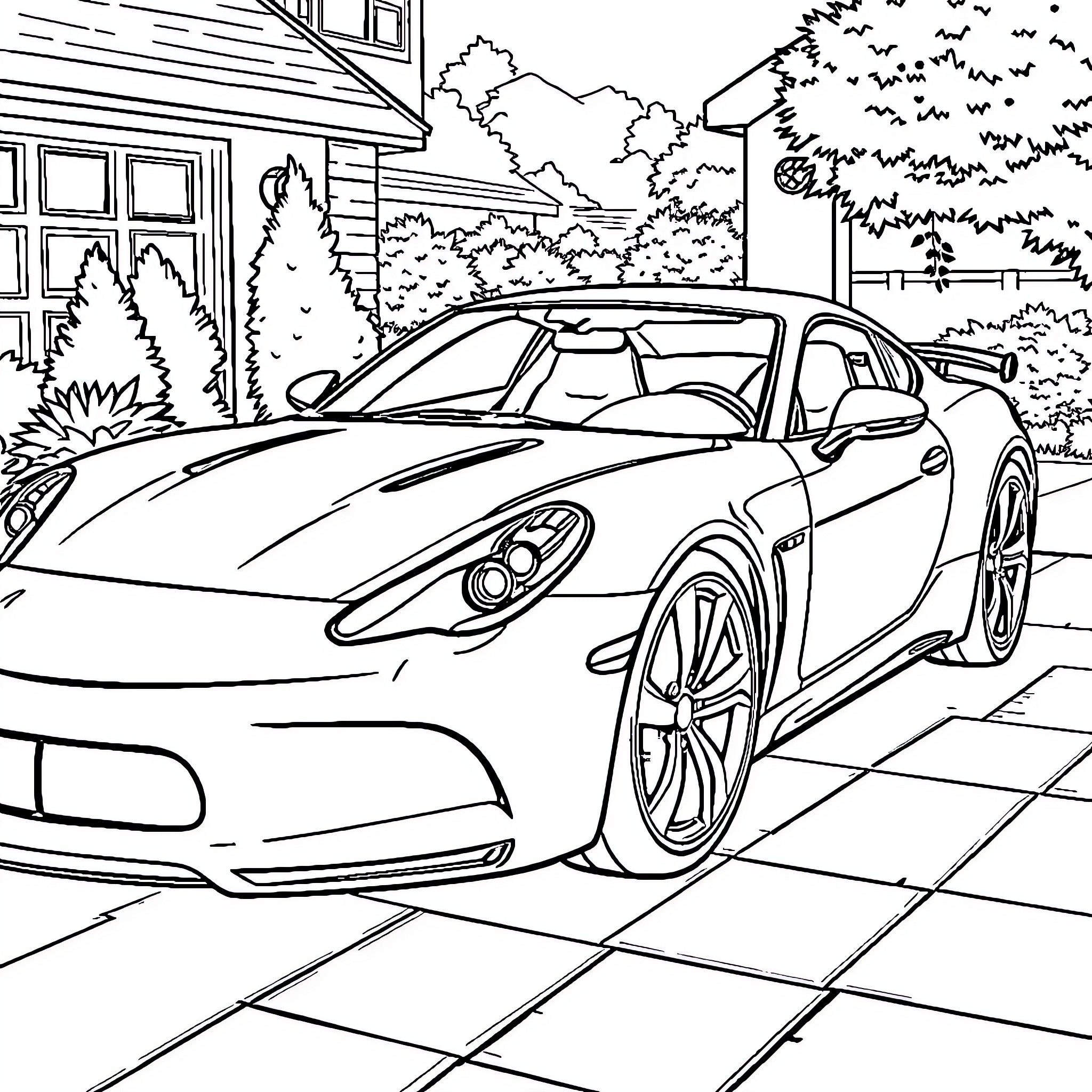 Car parked in front of residential building Coloring Page (free black-and-white line drawing printable PDF for all, from beginners to advanced learners, including children, teens, adults, and seniors)