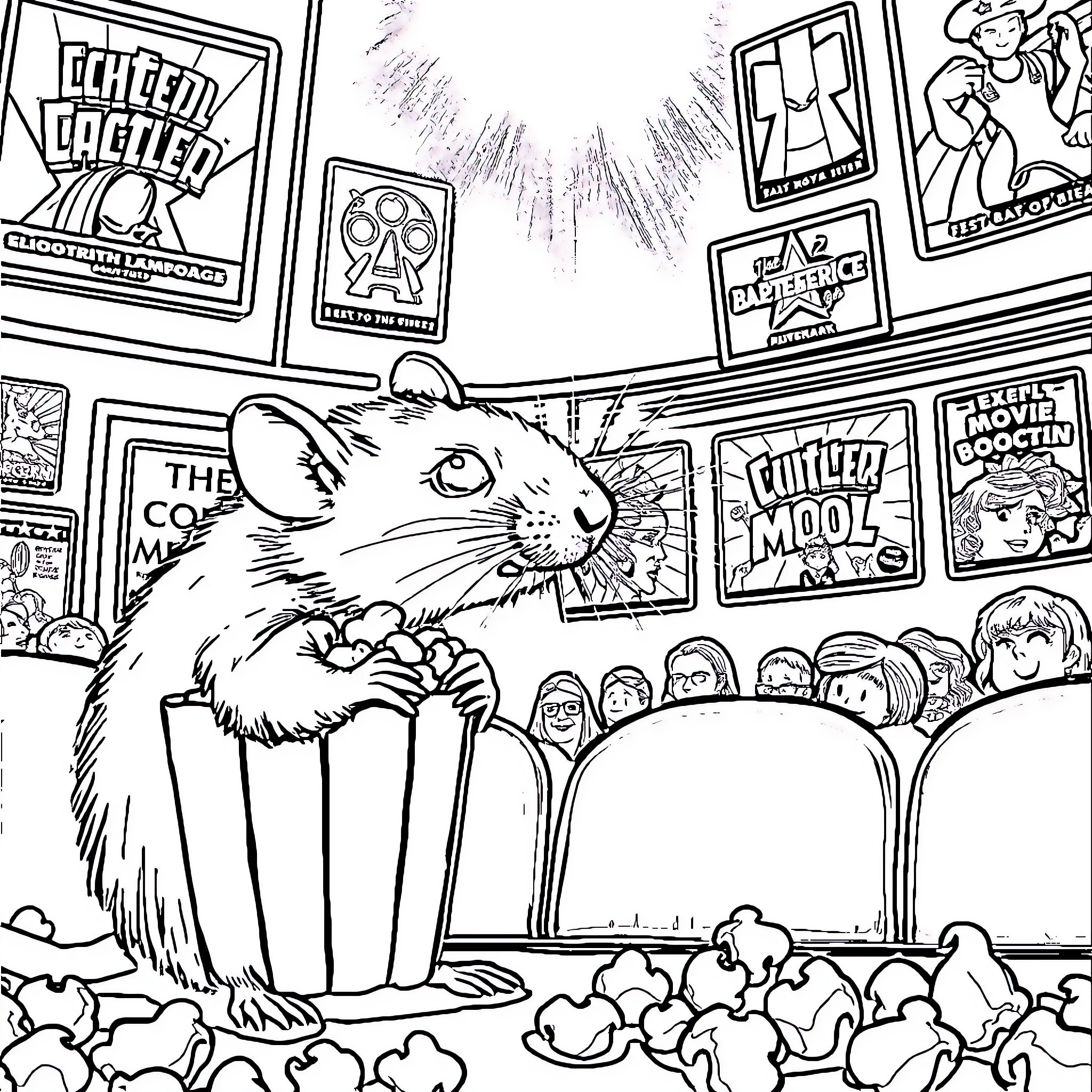 Rat performing on stage at a crowded theater Coloring Page (free black-and-white line drawing printable PDF for all, from beginners to advanced learners, including children, teens, adults, and seniors)