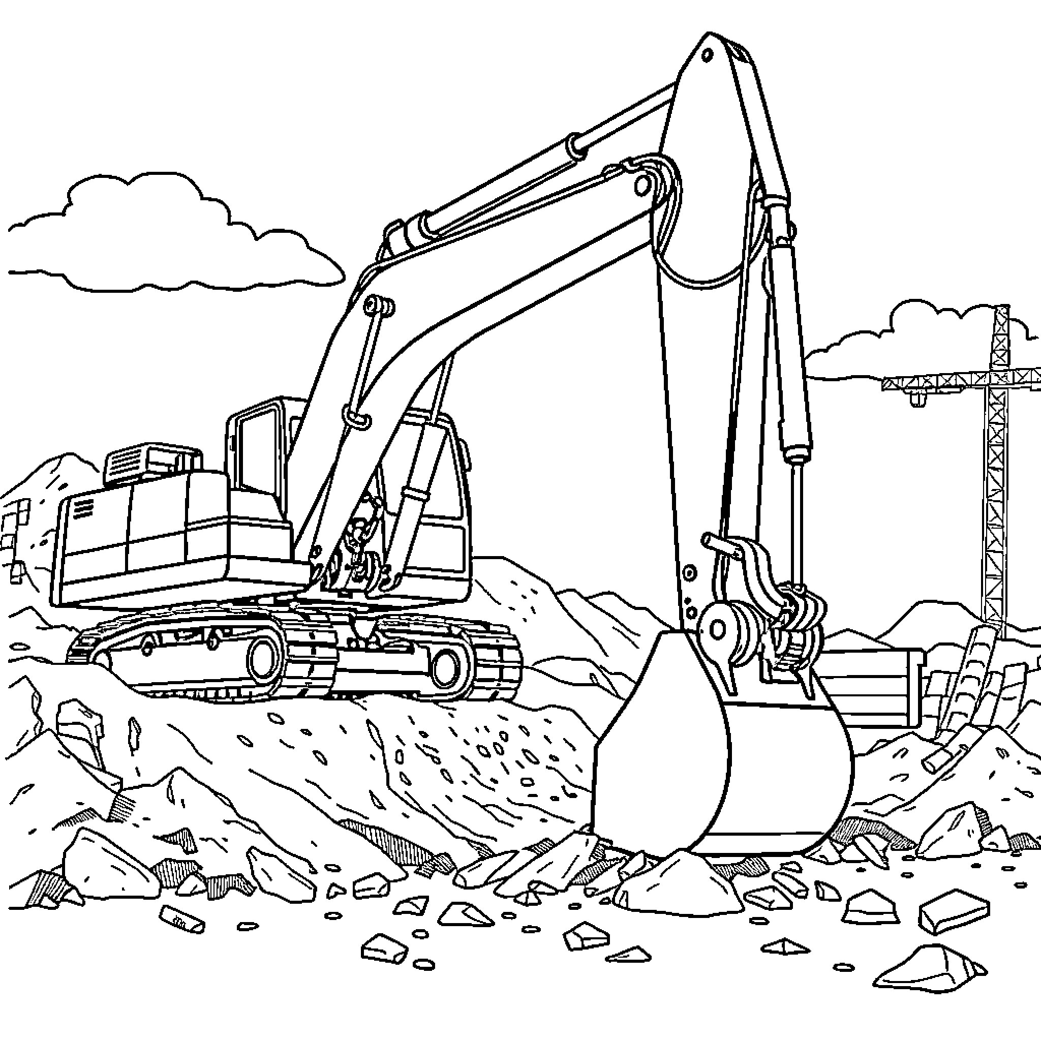 Excavator working on a construction site Coloring Page (free black-and-white line drawing printable PDF for all, from beginners to advanced learners, including children, teens, adults, and seniors)