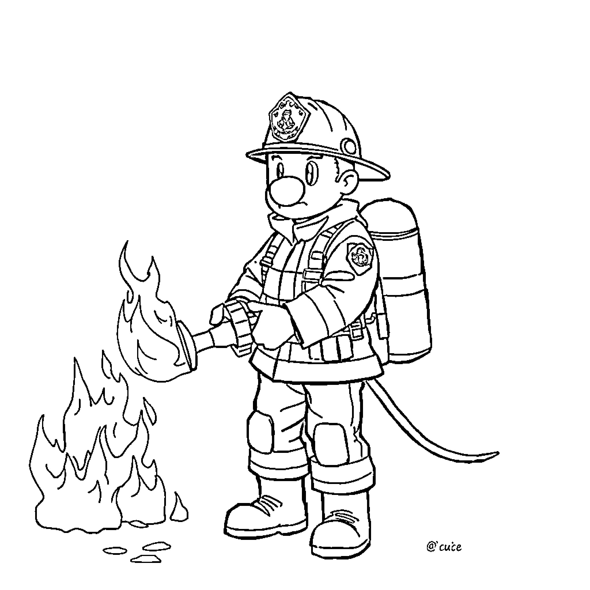 Firefighter battling a fire with courage Coloring Page (free black-and-white line drawing printable PDF for all, from beginners to advanced learners, including children, teens, adults, and seniors)