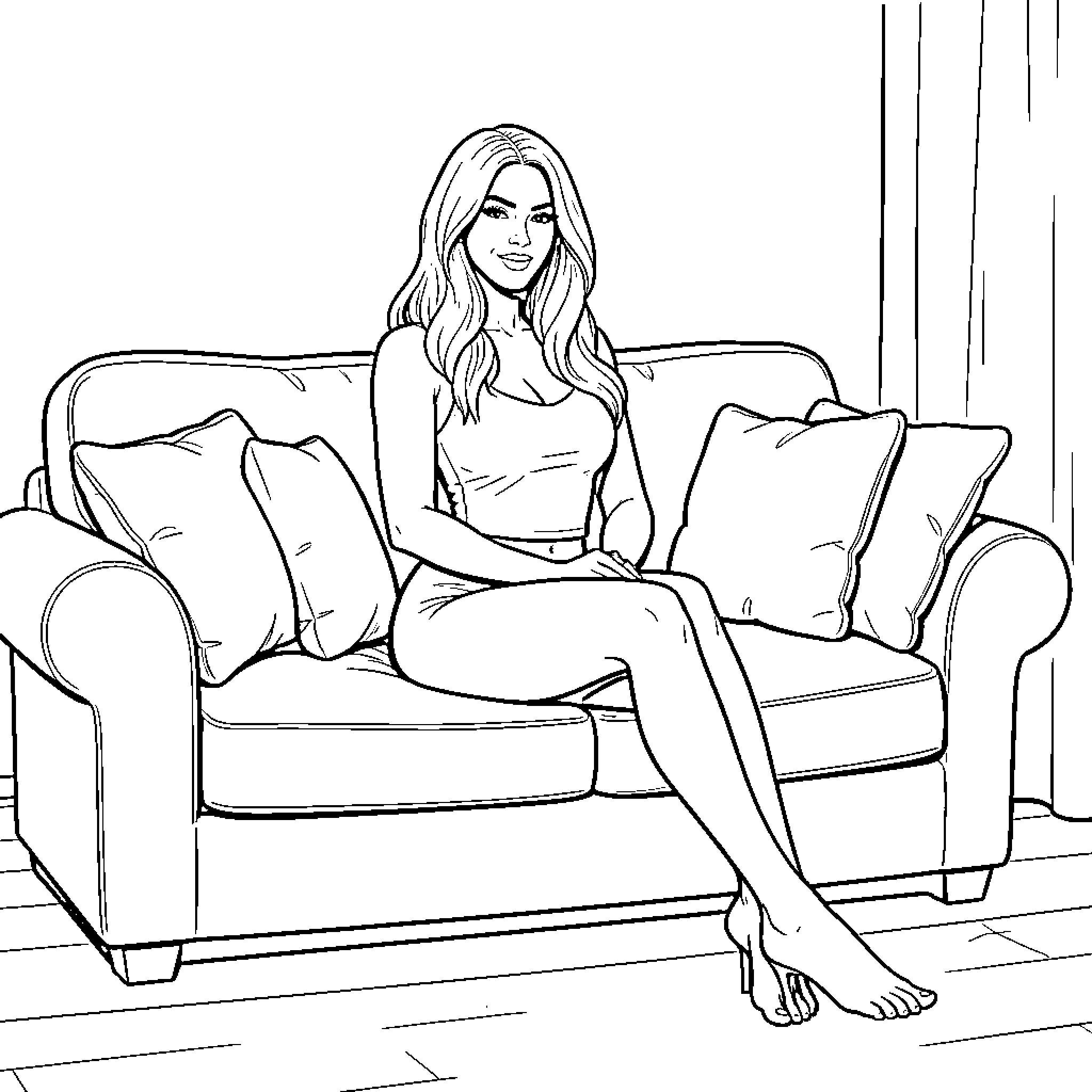 Kim Kardashian sitting elegantly on a sofa Coloring Page (free black-and-white line drawing printable PDF for all, from beginners to advanced learners, including children, teens, adults, and seniors)
